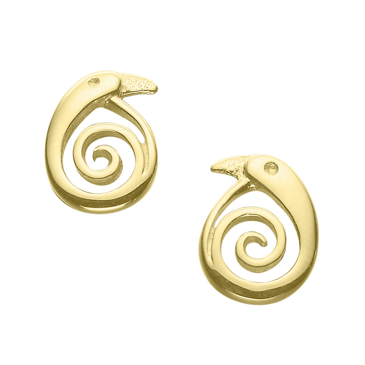 A pair of gold stud earrings from the Kells Bird Collection.