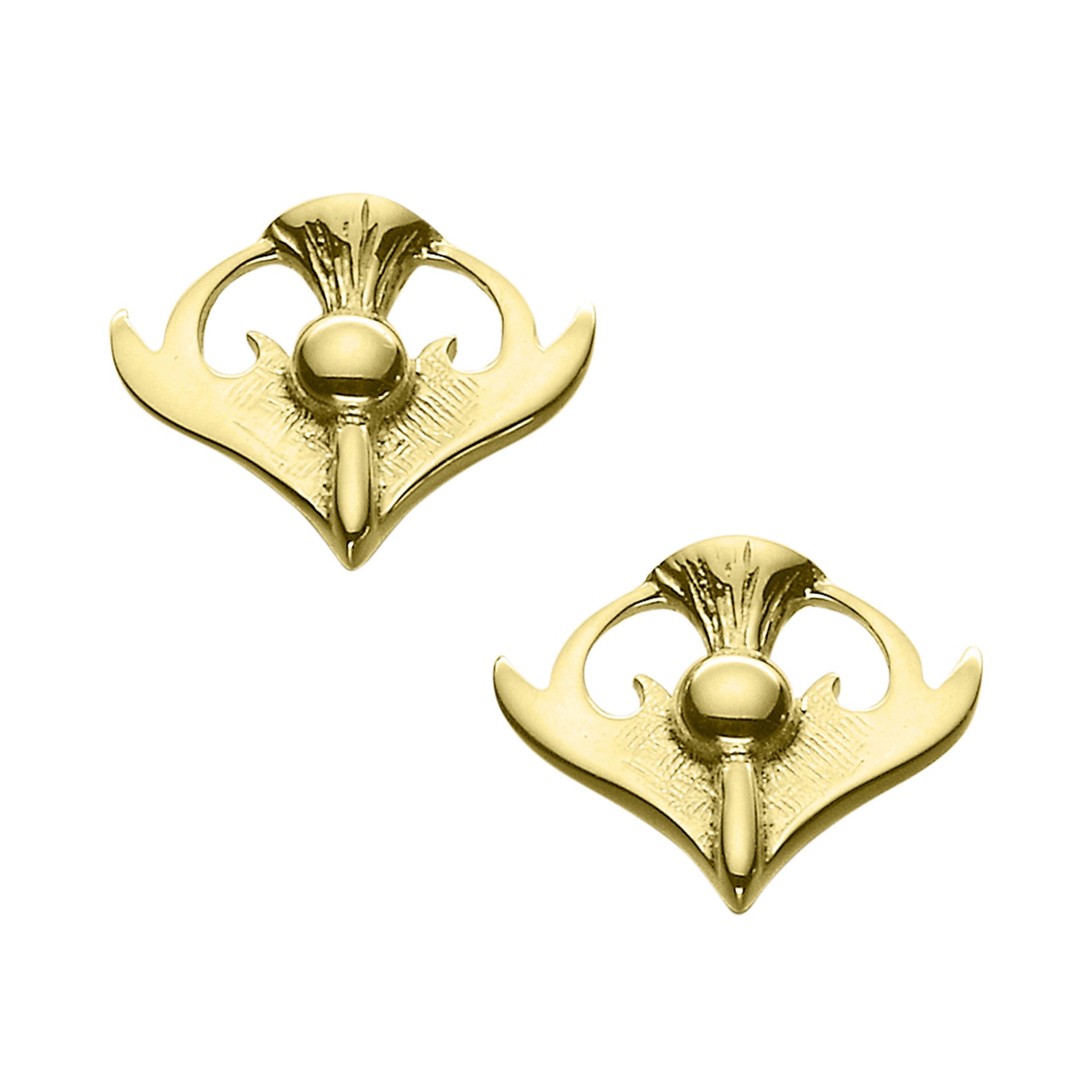 A pair of gold stud earrings with a thistle design