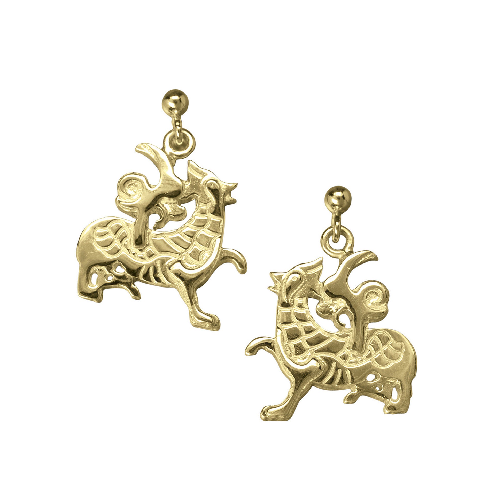 A pair of gold drop earrings with a Norse dragon triangle design from the Maes Howe Dragon Collection