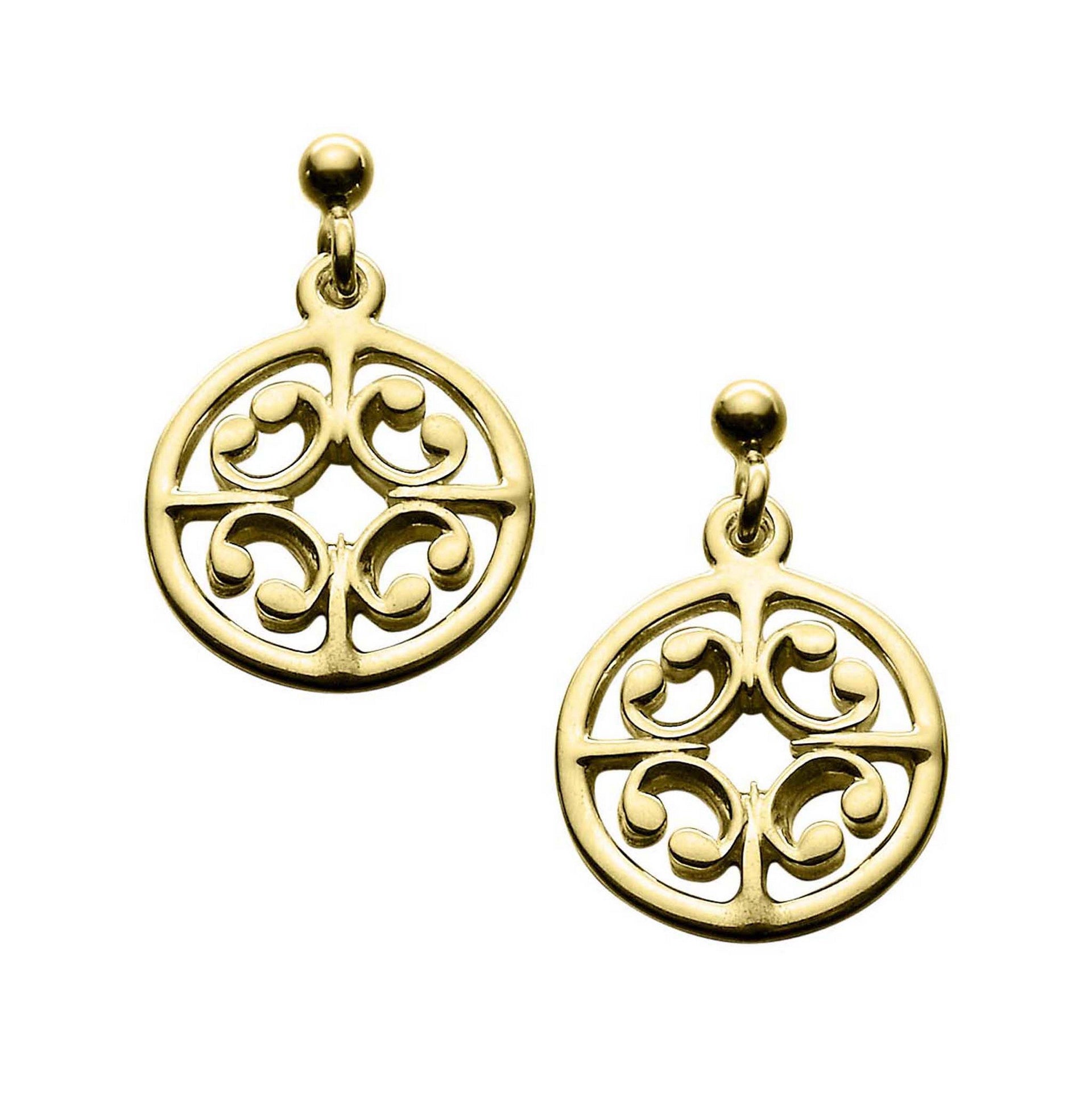 A pair of gold drop earrings with a design inspired from the cathedral from the St Magnus Collection