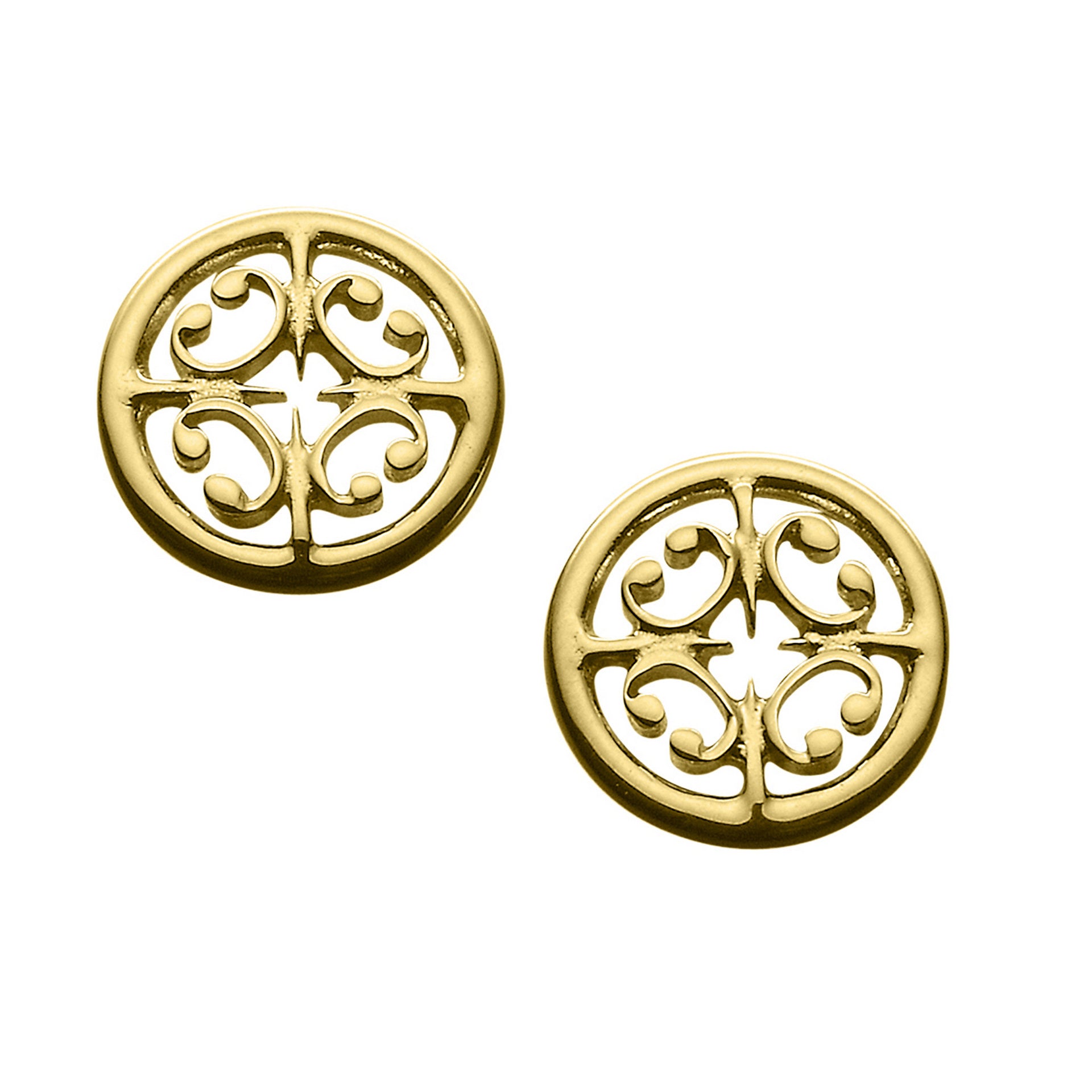 A pair of gold stud earrings with a design inspired from the cathedral from the St Magnus Collection