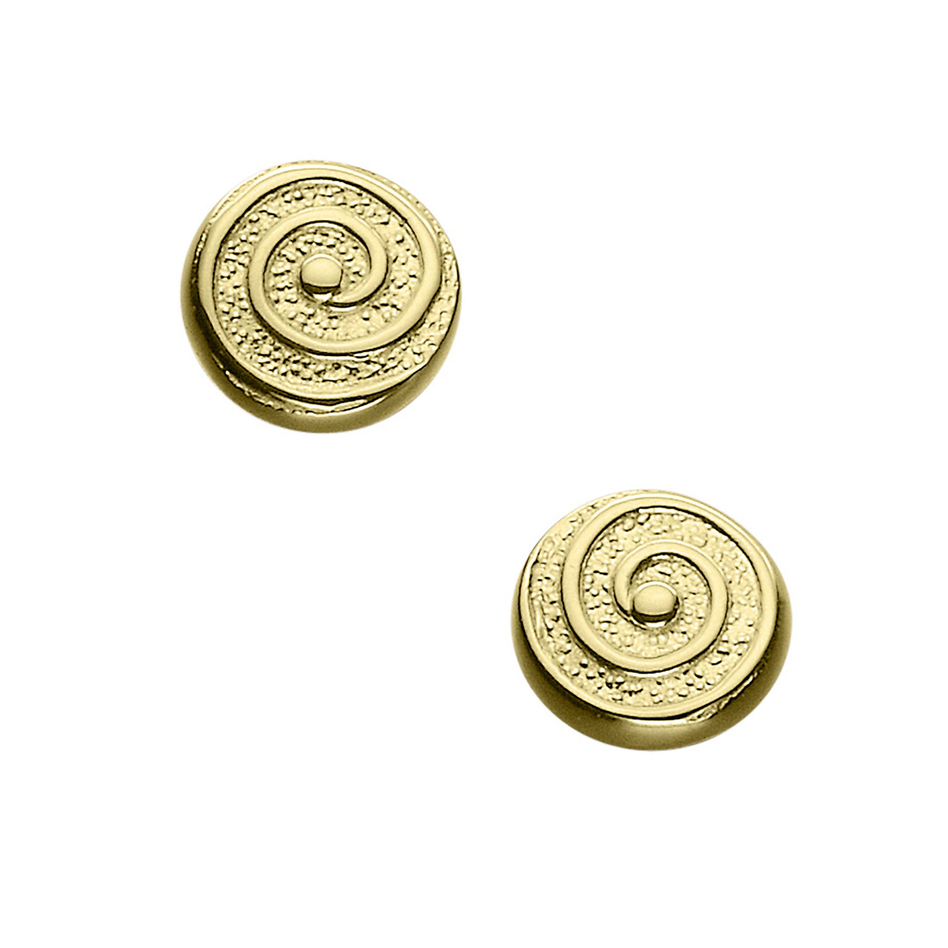 A pair of gold stud earrings with a spiral design 