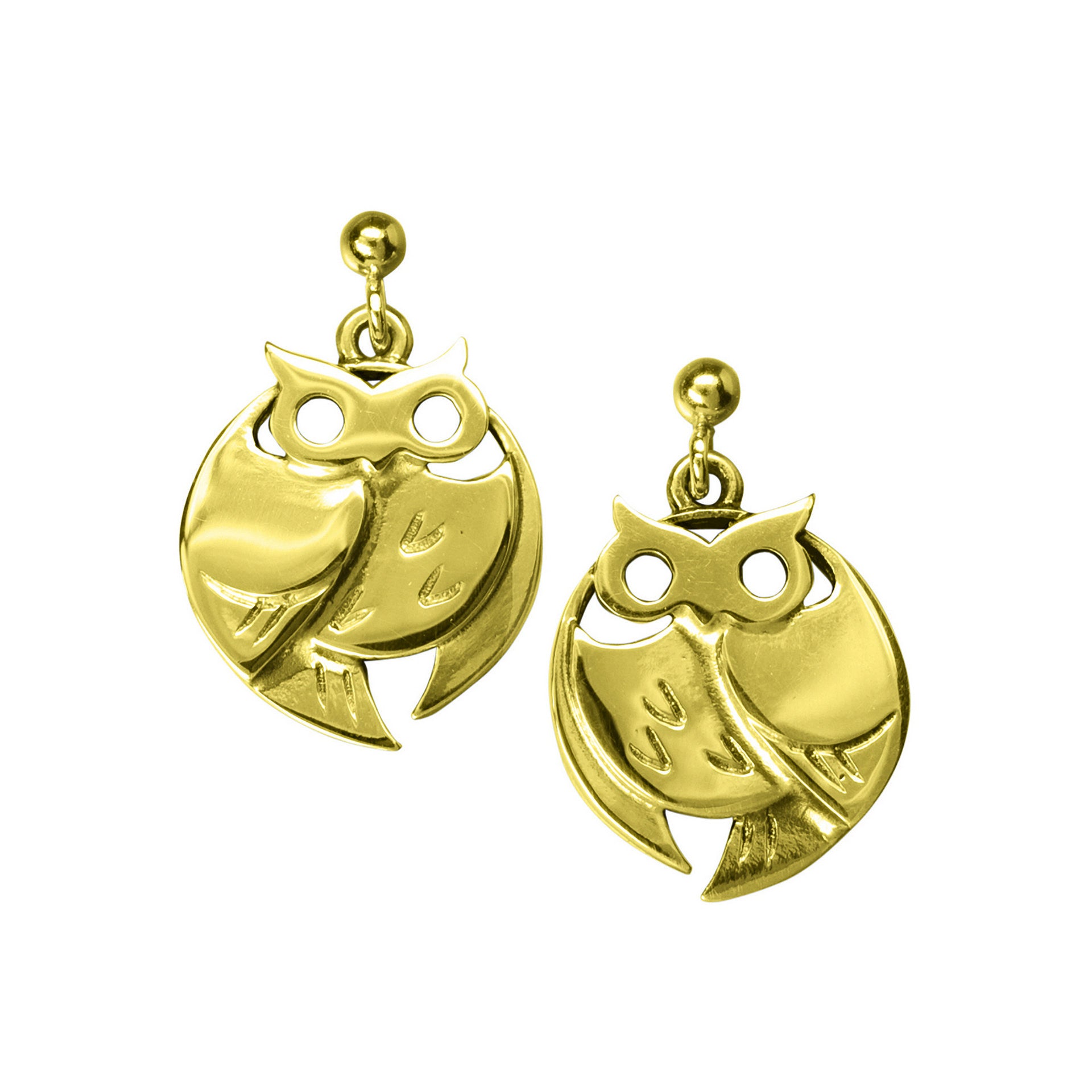 A pair of gold drop earrings with a modern design, part of the Barn Owl Collection.