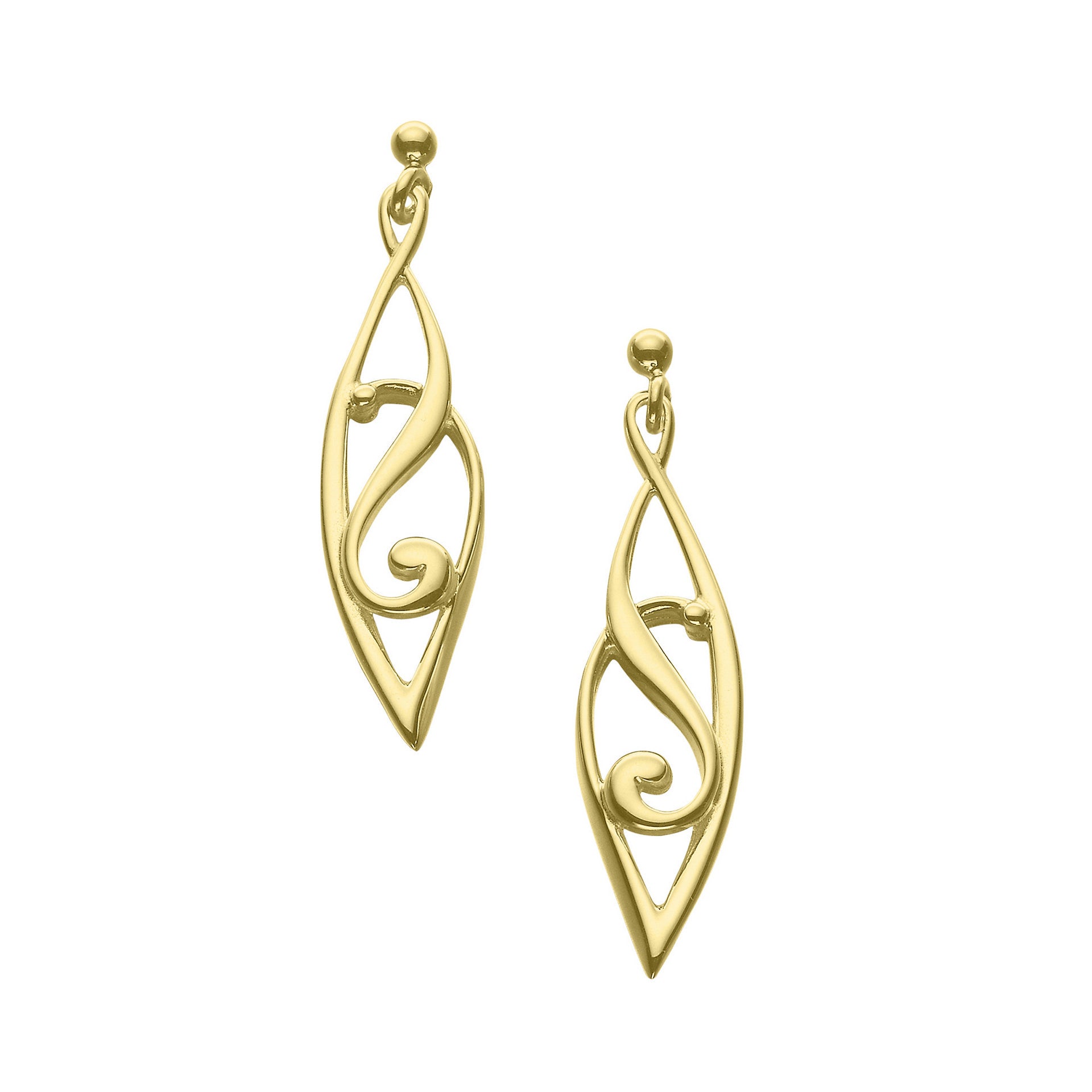 A pair of gold drop earrings with a modern design, part of the Carron Collection.