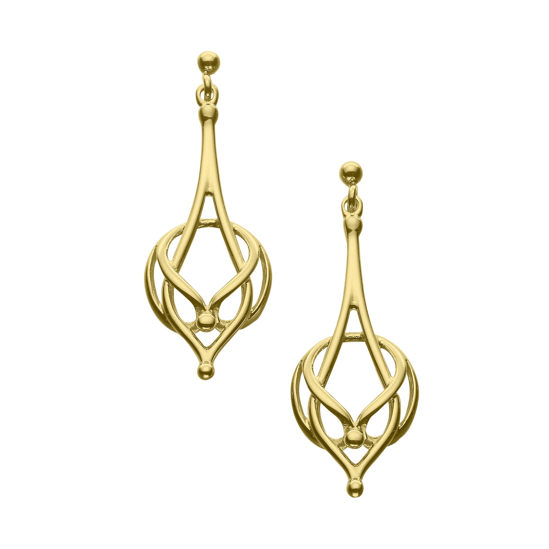 A pair of gold drop earrings with a Art Nouveau design from the Nouveau Collection