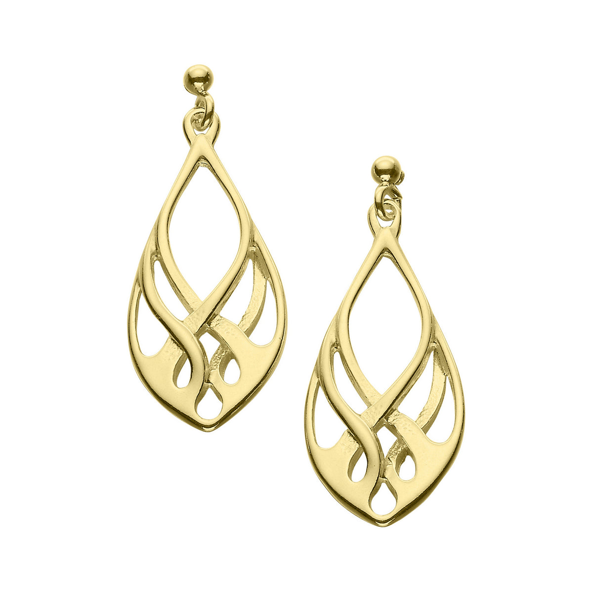 A pair of gold drop earrings with a delicate flow design from the Lomond Collection