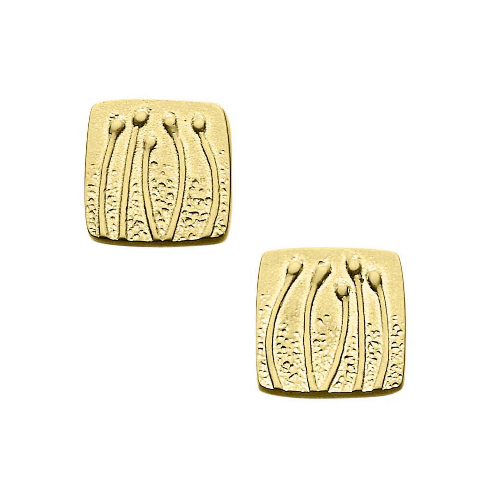 A pair of square gold stud earrings with a flower design from the Machair Collection