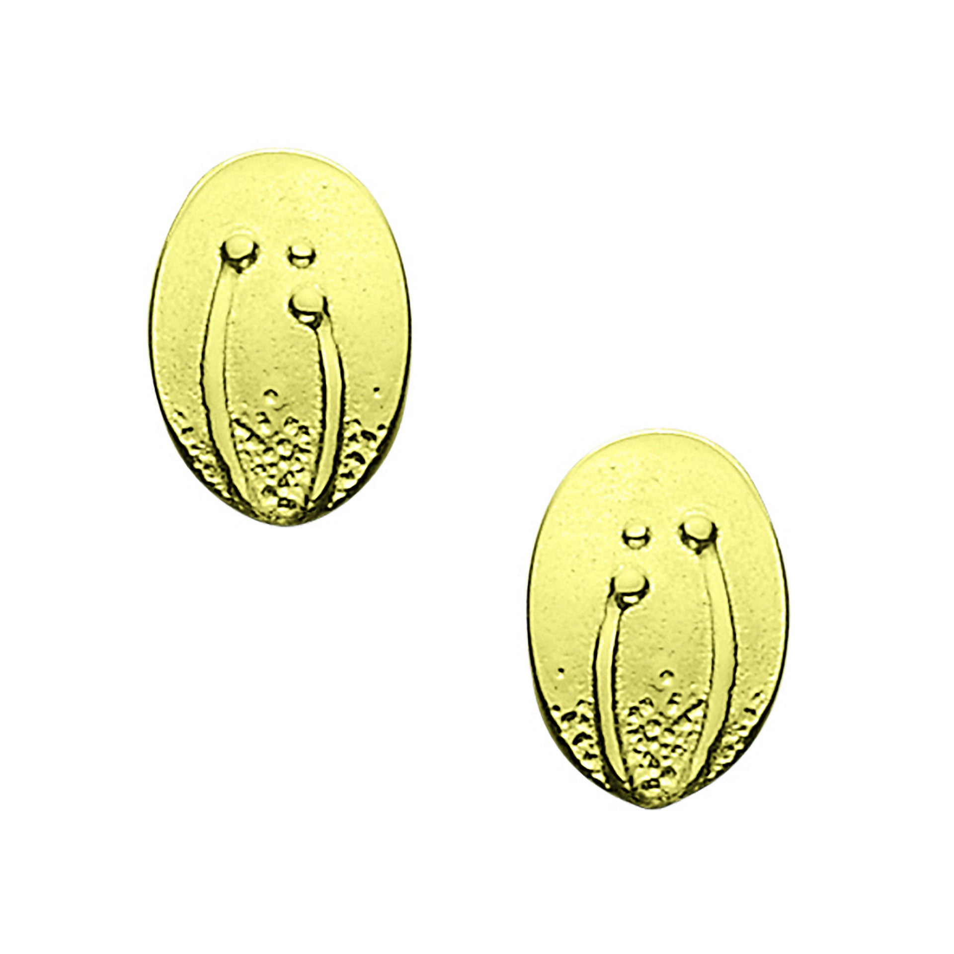 A pair of oval gold stud earrings with a flower design from the Machair Collection