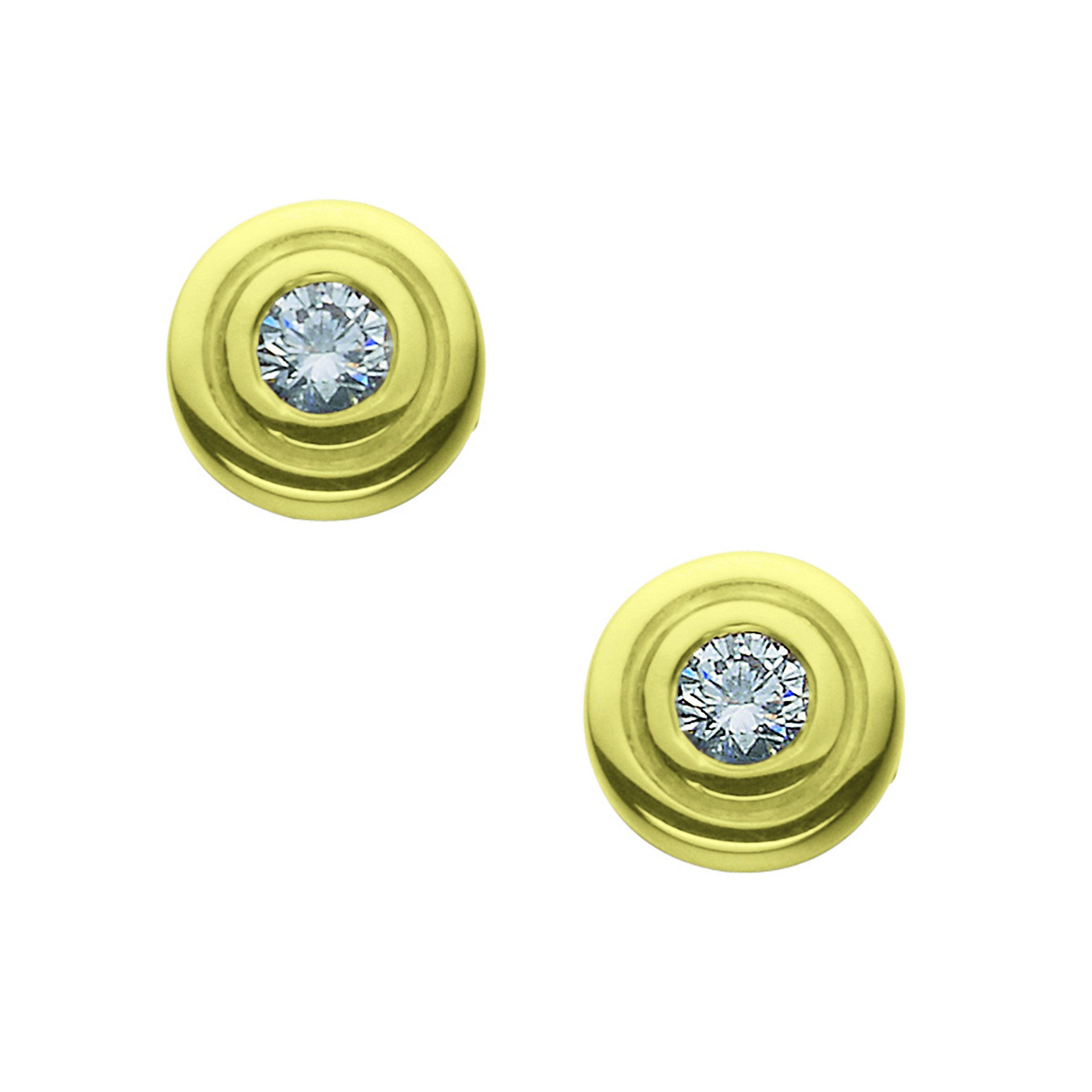 A pair of small round gold stud earrings with a clear stone in the center