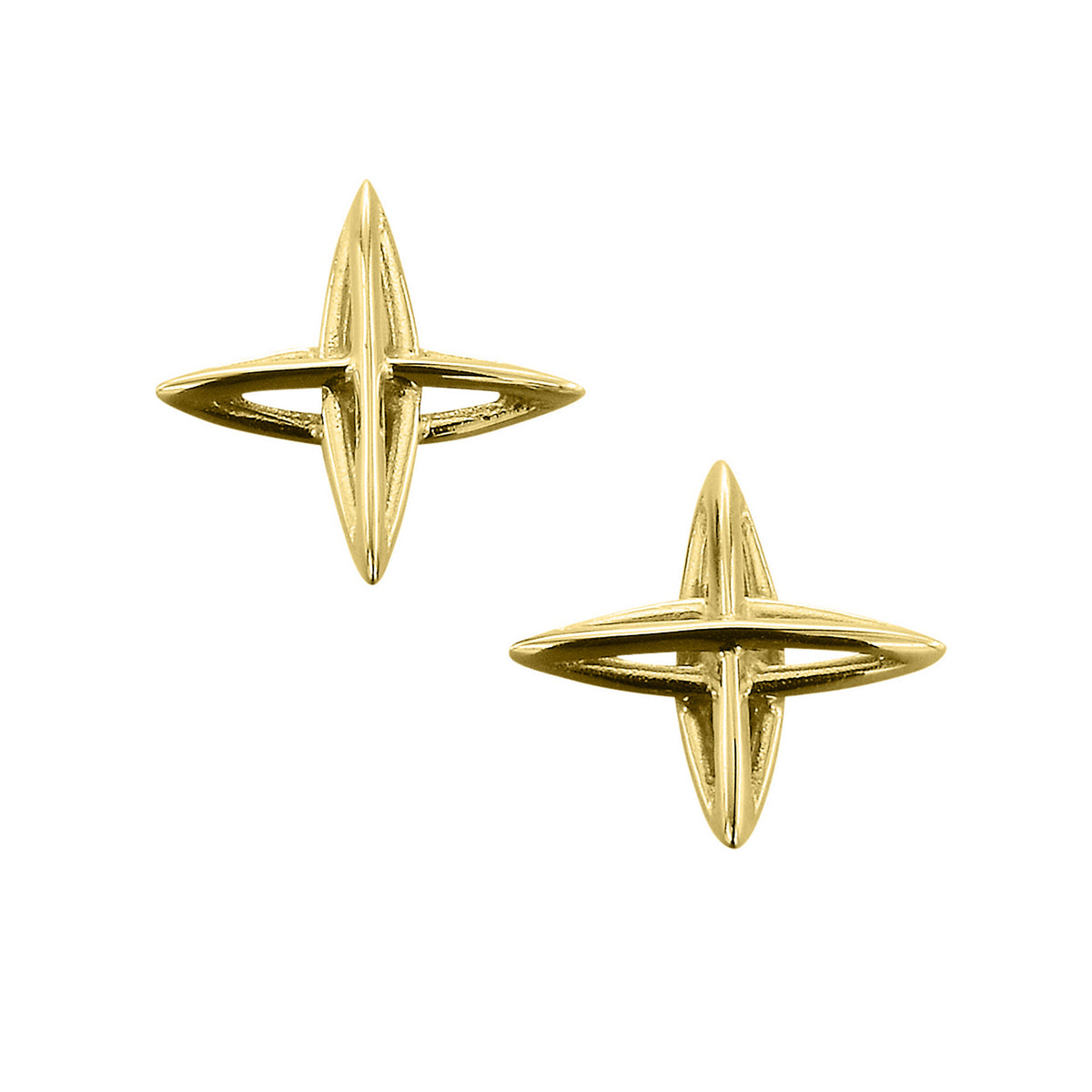 A pair of gold stud earrings with a contemporary cross design from the North Star Collection