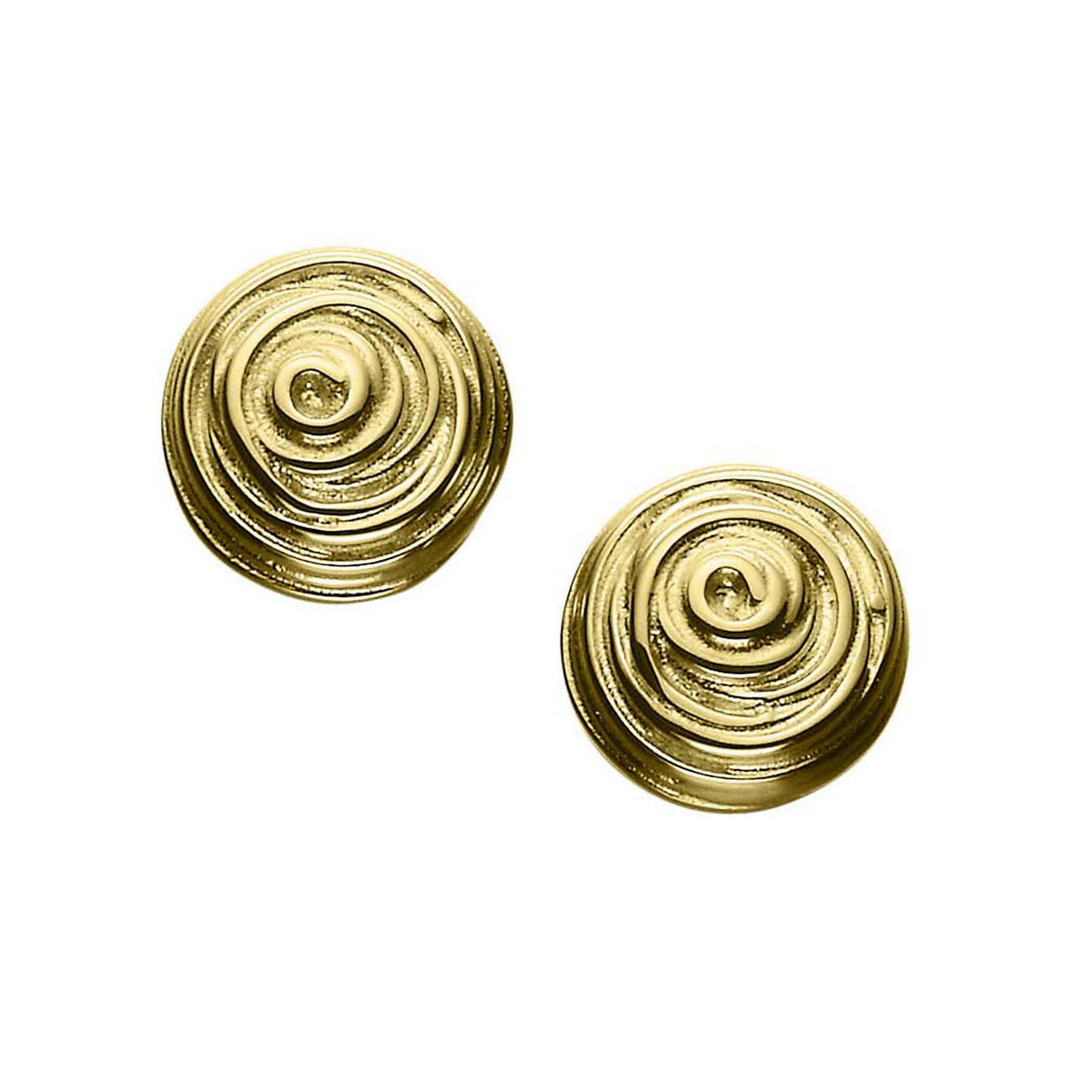 A pair of gold stud earrings with a spiral design 