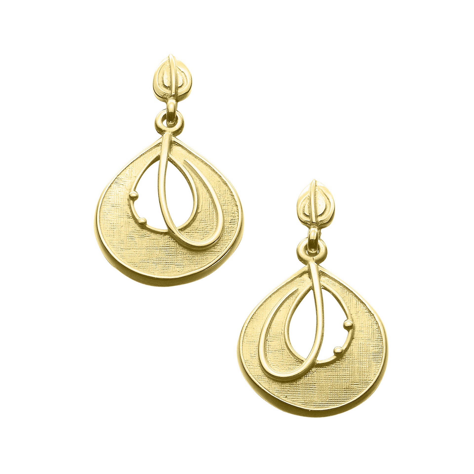 A pair of gold drop earrings with a curved line design