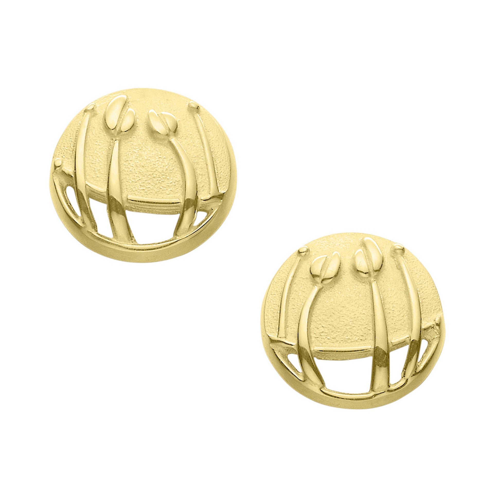 A pair of gold circular stud earrings with a grass design 