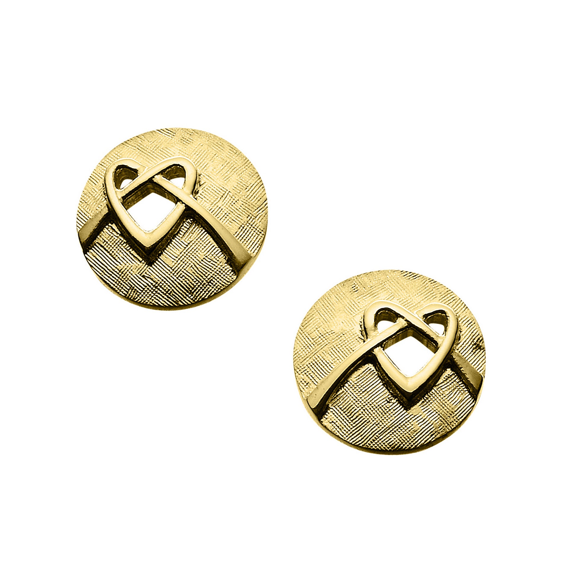A pair of circular gold stud earrings with a knotted heart design 