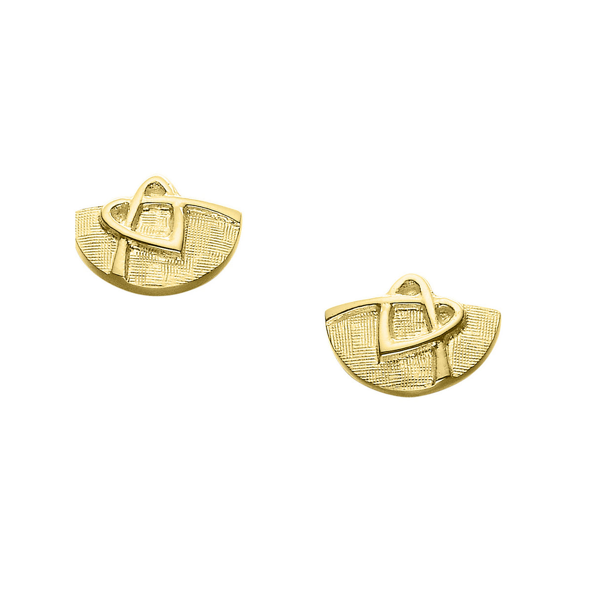 A pair of gold stud earrings with a knotted heart design 
