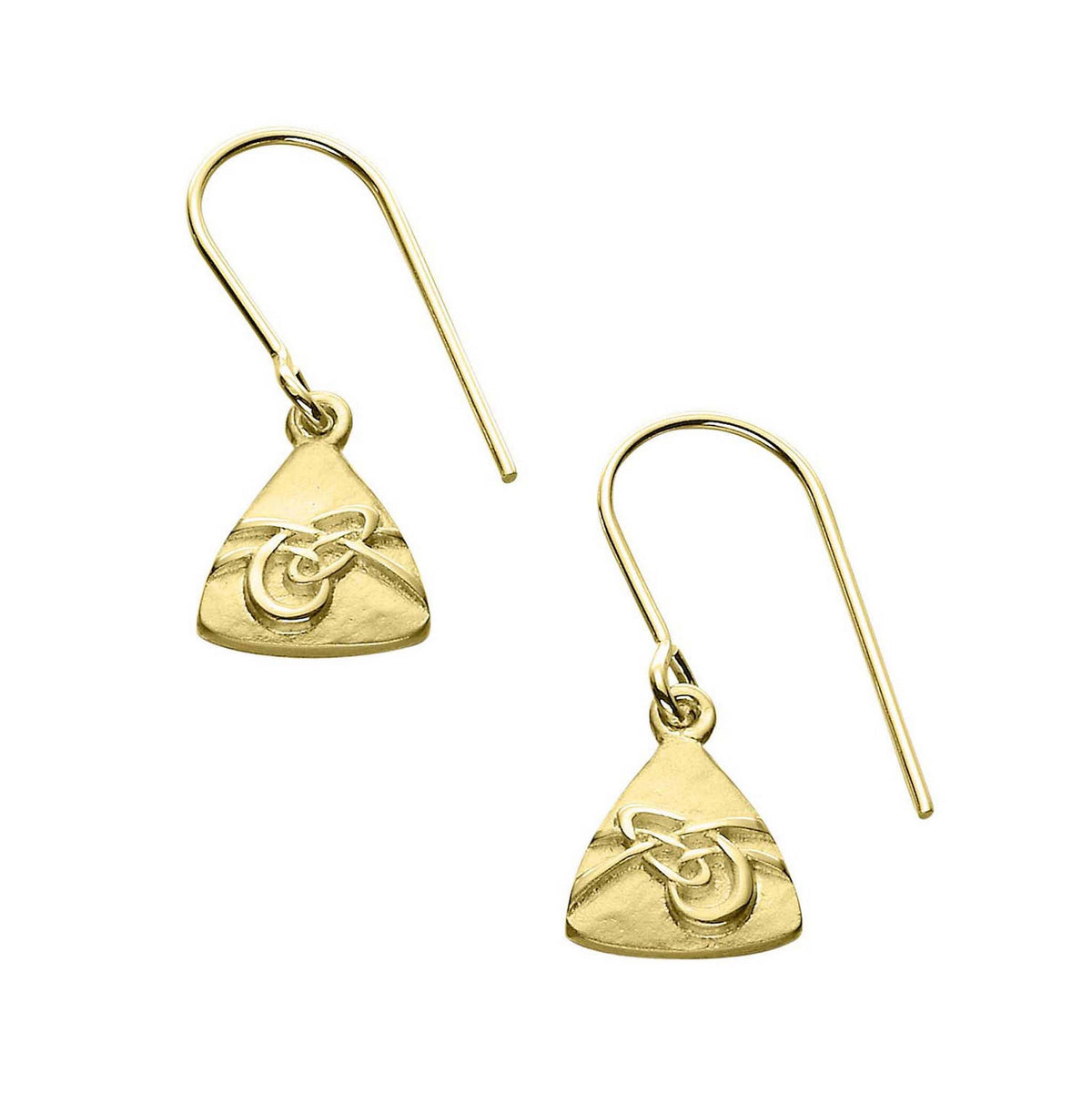 A pair of gold drop earrings with a modern design, part of the Aikerness Collection.