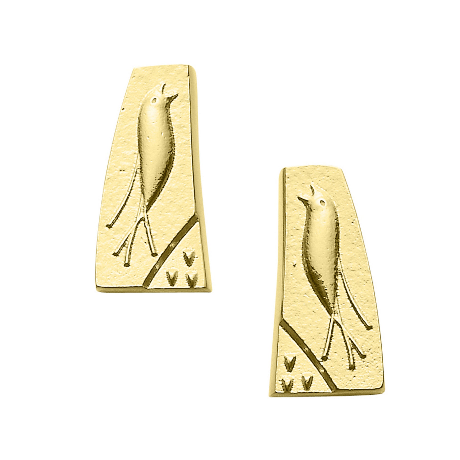 A pair of gold stud earrings with a bird design from the Meadowlark Collection
