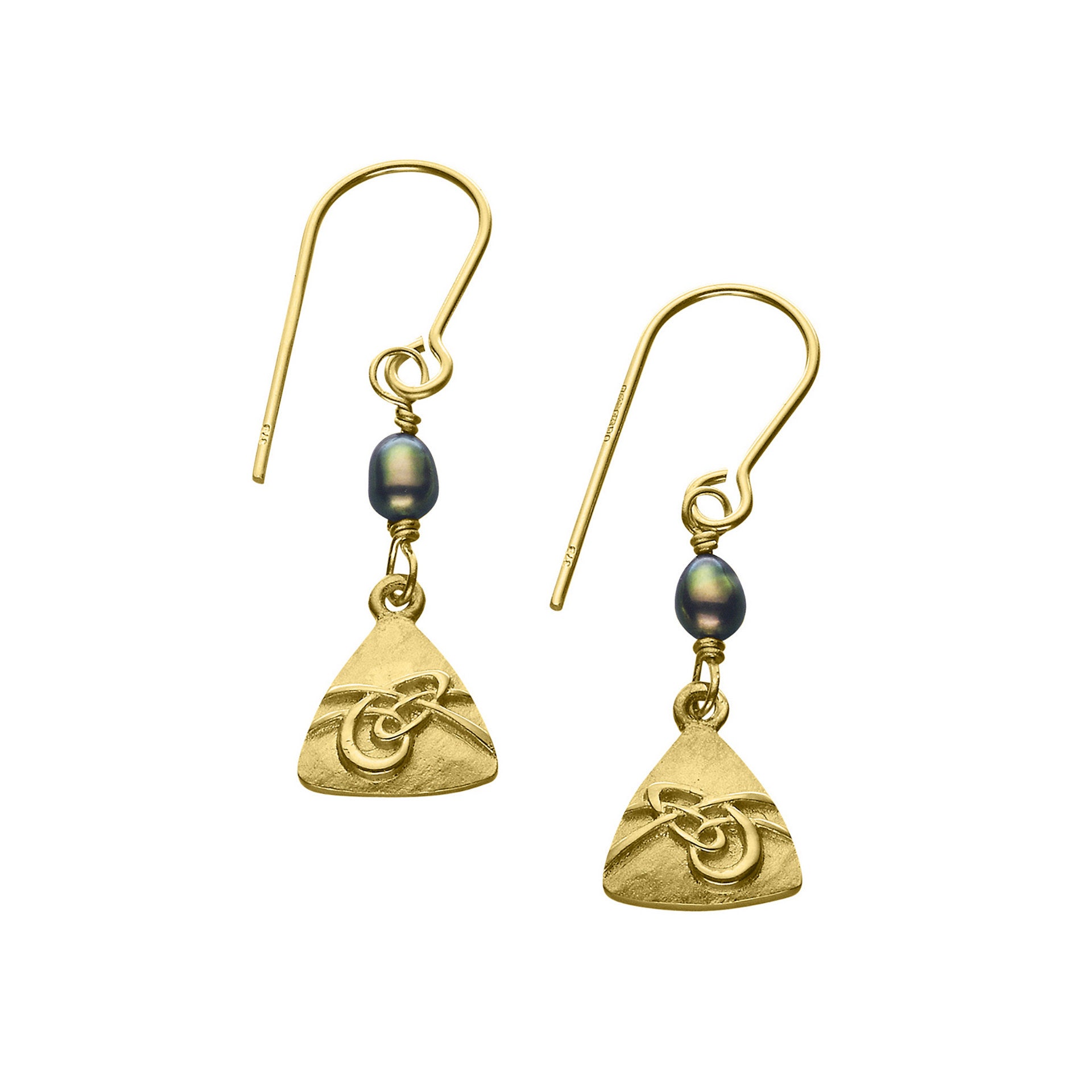 A pair of gold and pearl drop earrings with a modern design, part of the Aikerness Collection.