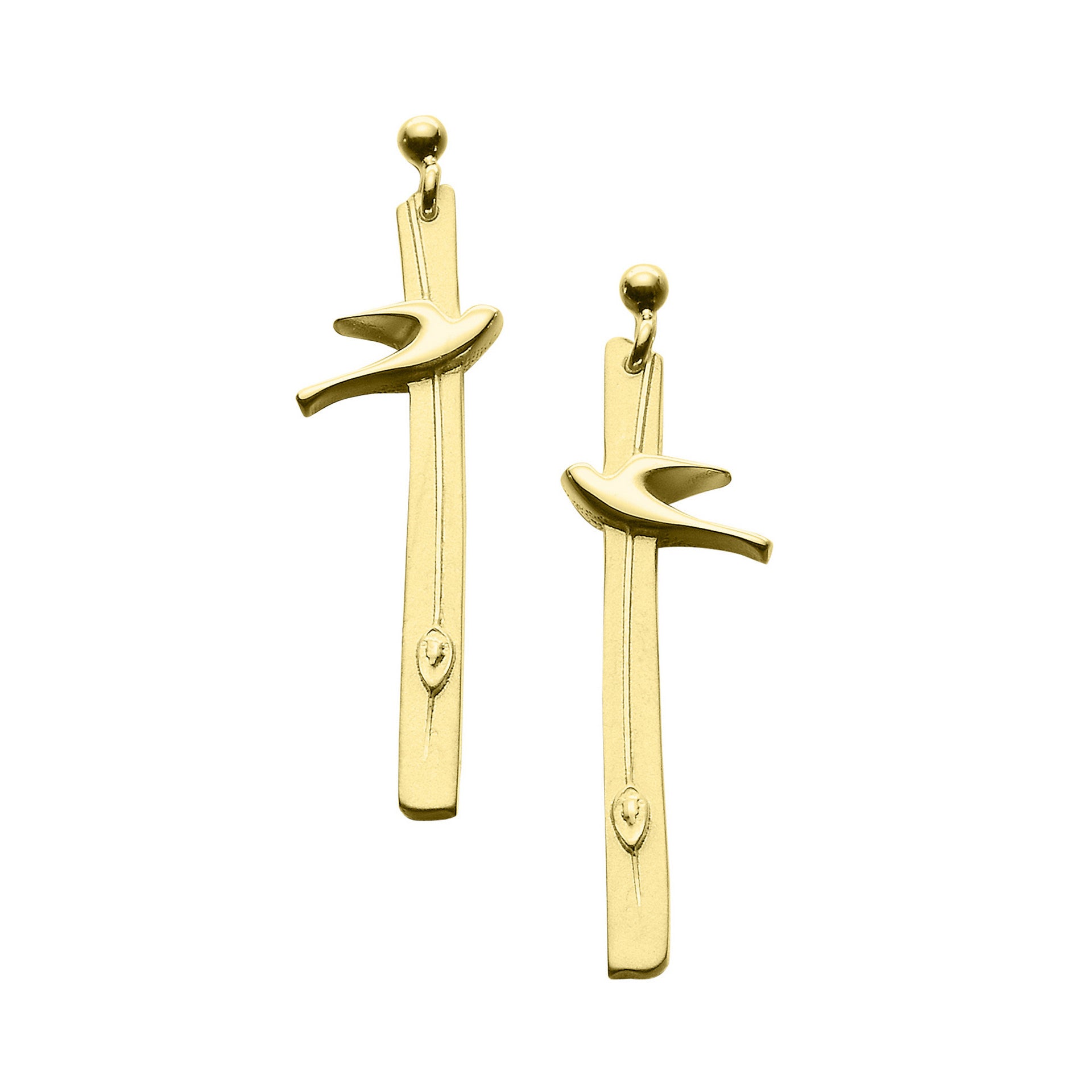 A pair of gold drop earrings with a modern design, part of the Birdland Collection.