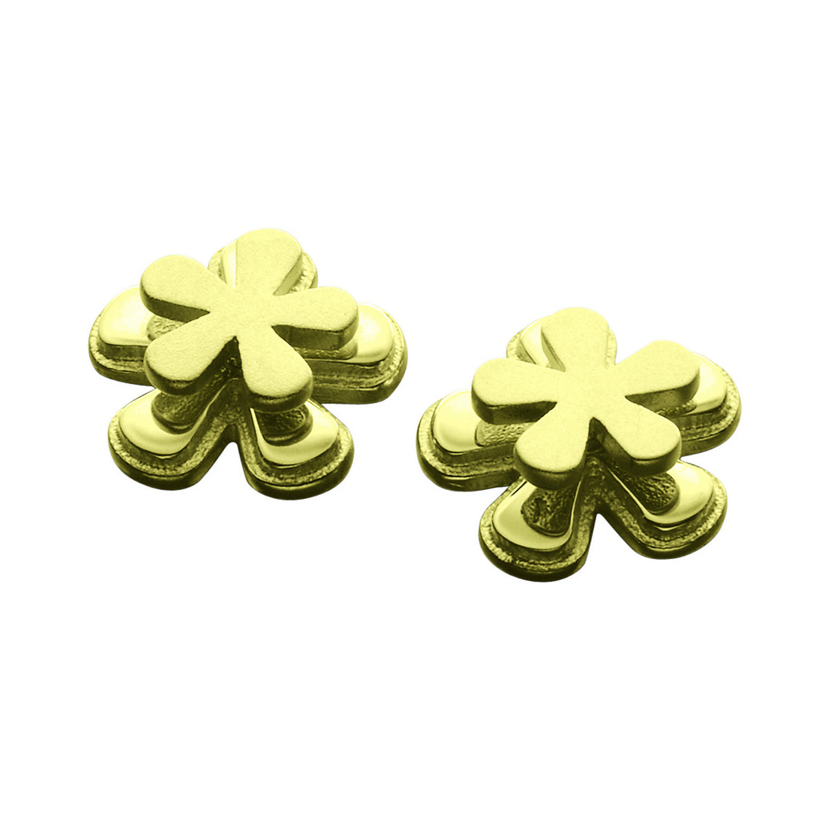 A pair of gold stud earrings featuring a stylised floral design with a petal-like pattern from the Petal Fall Collection