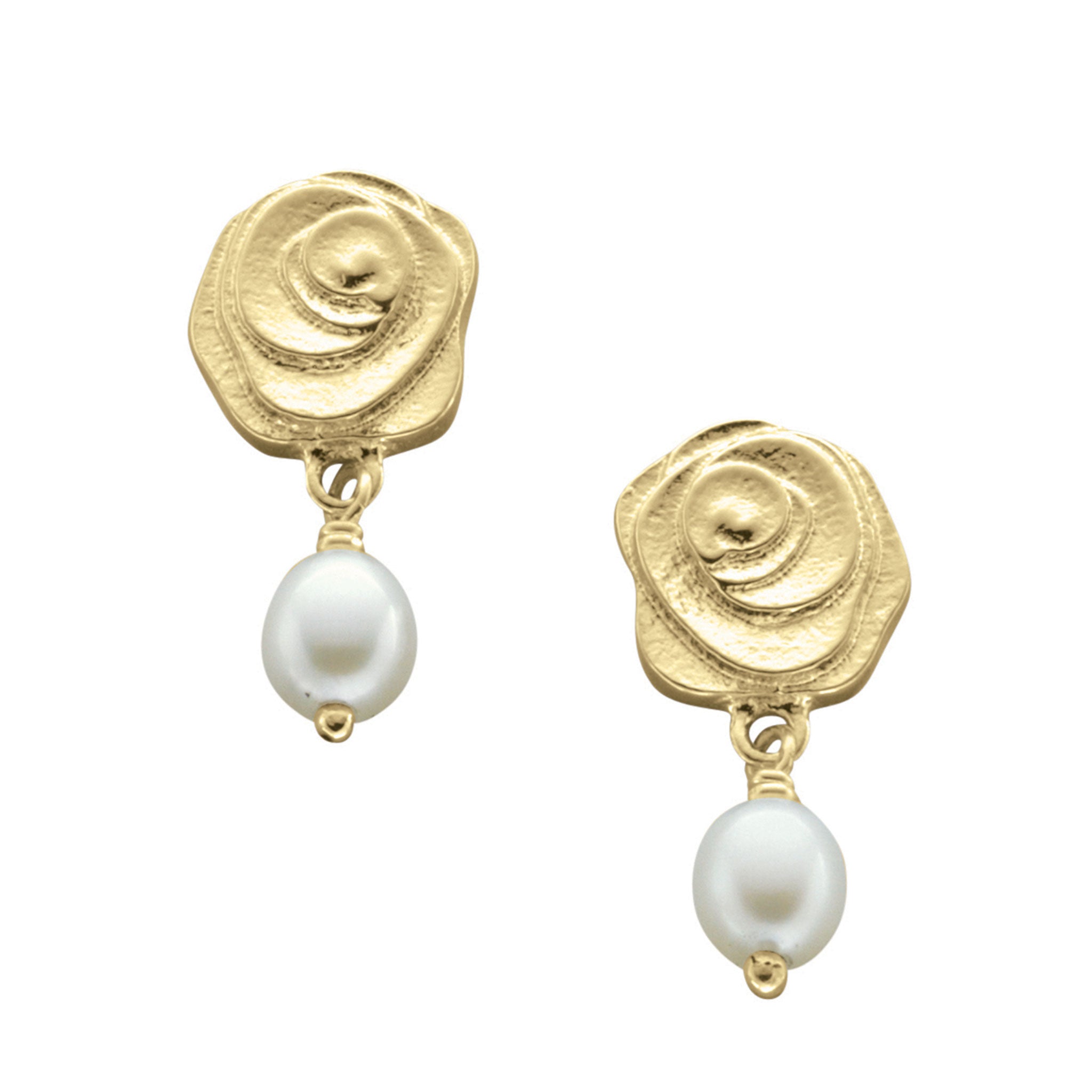 A pair of gold earrings with a Rose design and a pearl drop