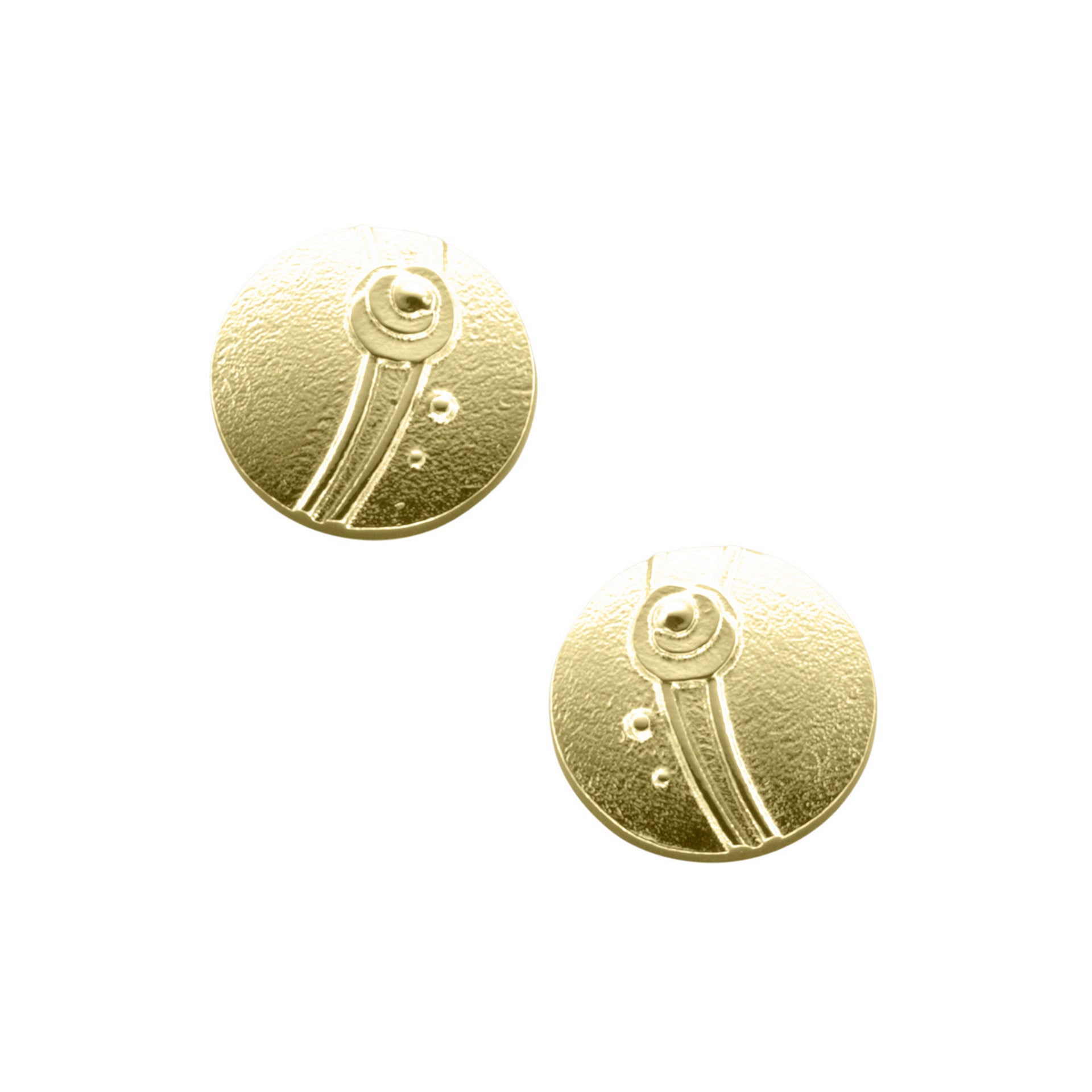 A pair of gold circular stud earrings with a modern design 