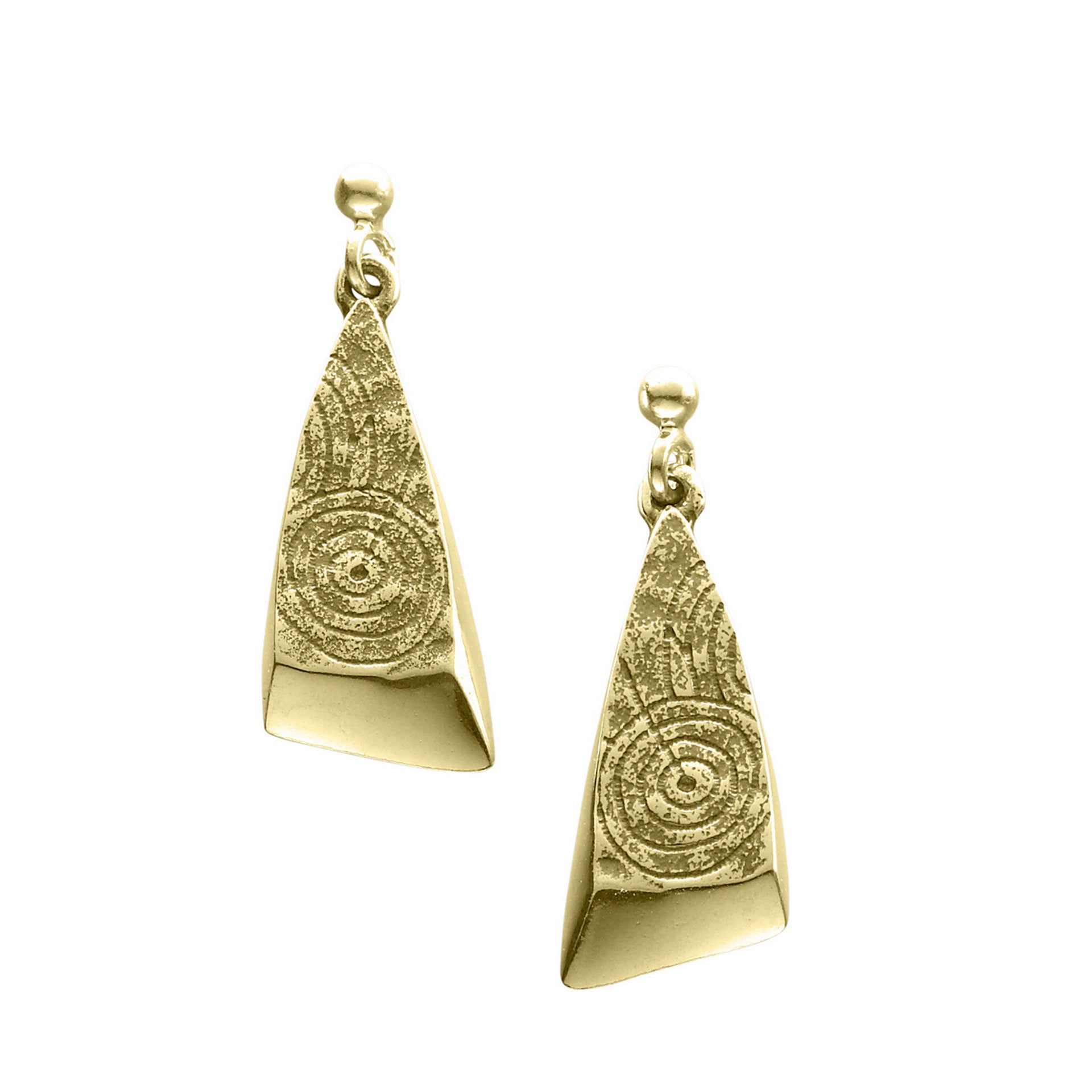 A pair of small triangular gold drop earrings with a geometric design from the Kilmartin Collection