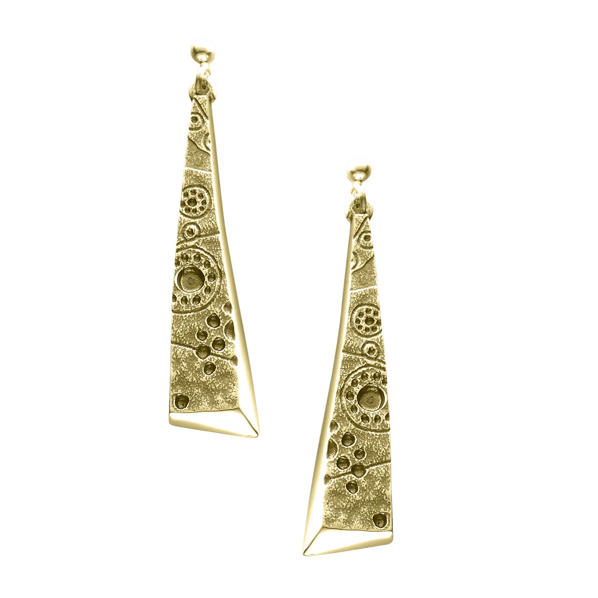 A pair of long gold drop earrings with a geometric design from the Kilmartin Collection