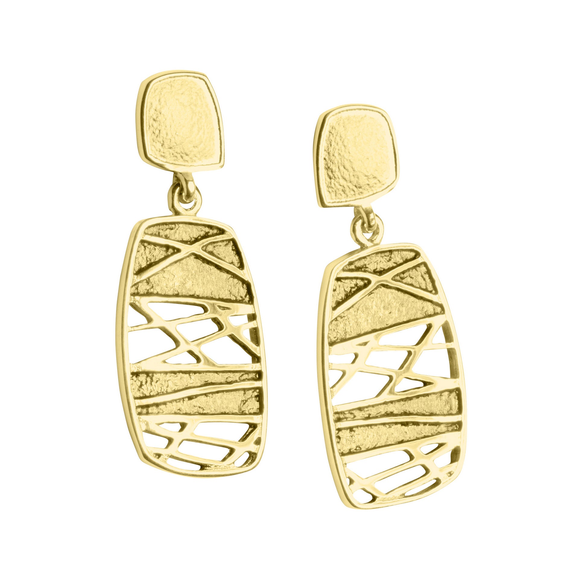 A pair of gold drop earrings featuring a geometric pattern, inspired by Norse and Celtic designs.