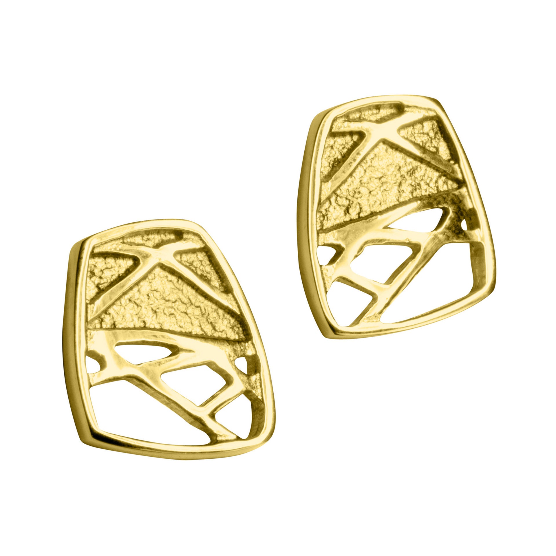 A pair of gold stud earrings featuring a geometric pattern, inspired by Norse and Celtic designs.