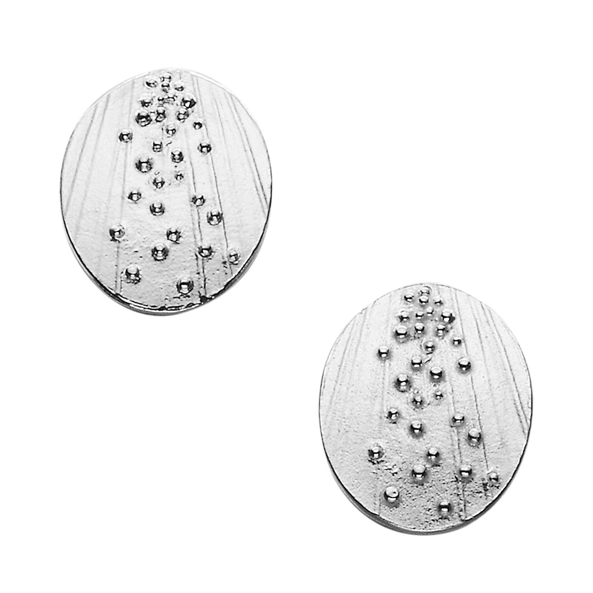 A pair of small round silver stud earrings with a modern bubble and line design