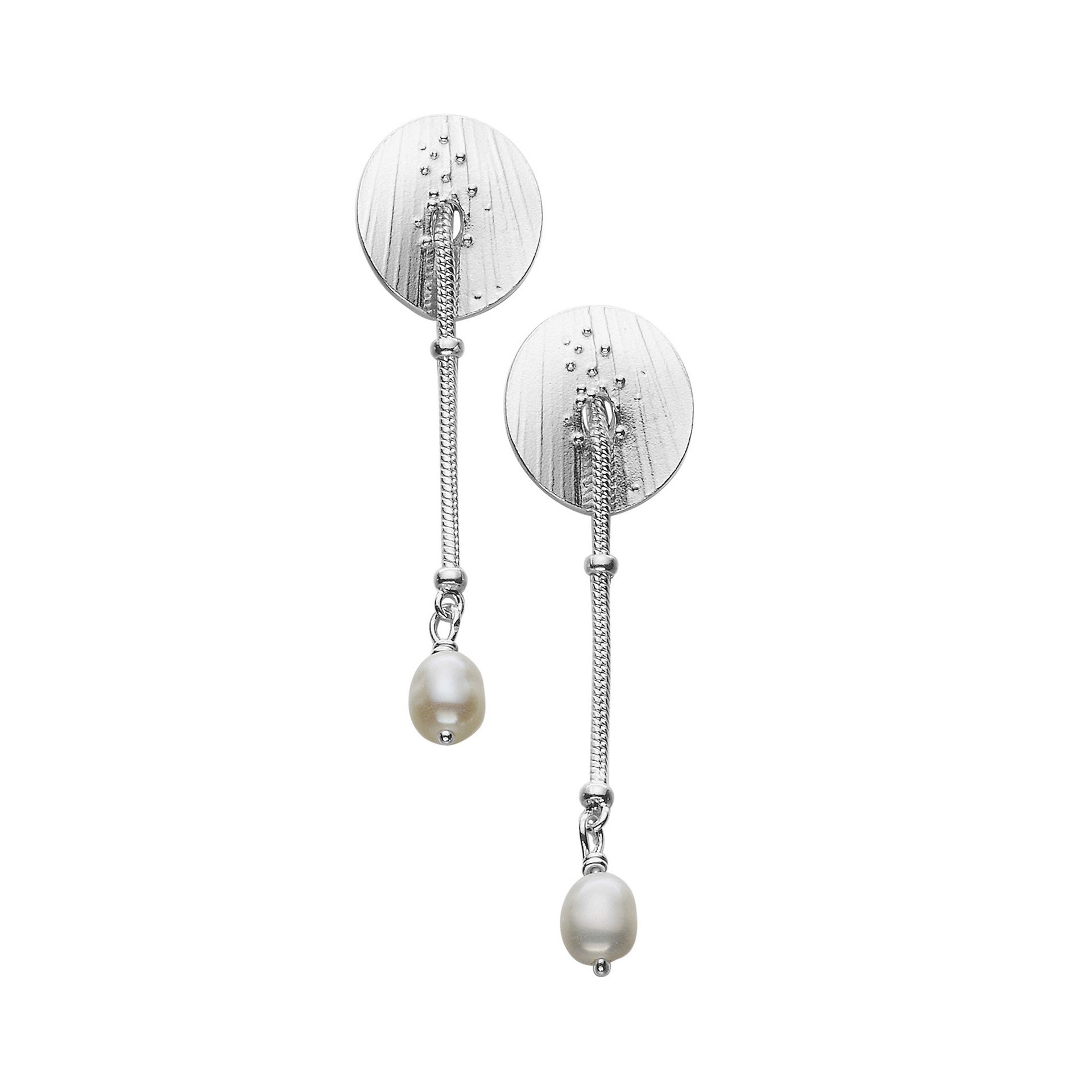 A pair of white pearl drop earrings with a silver-colored circular frame from Ola Gorie.