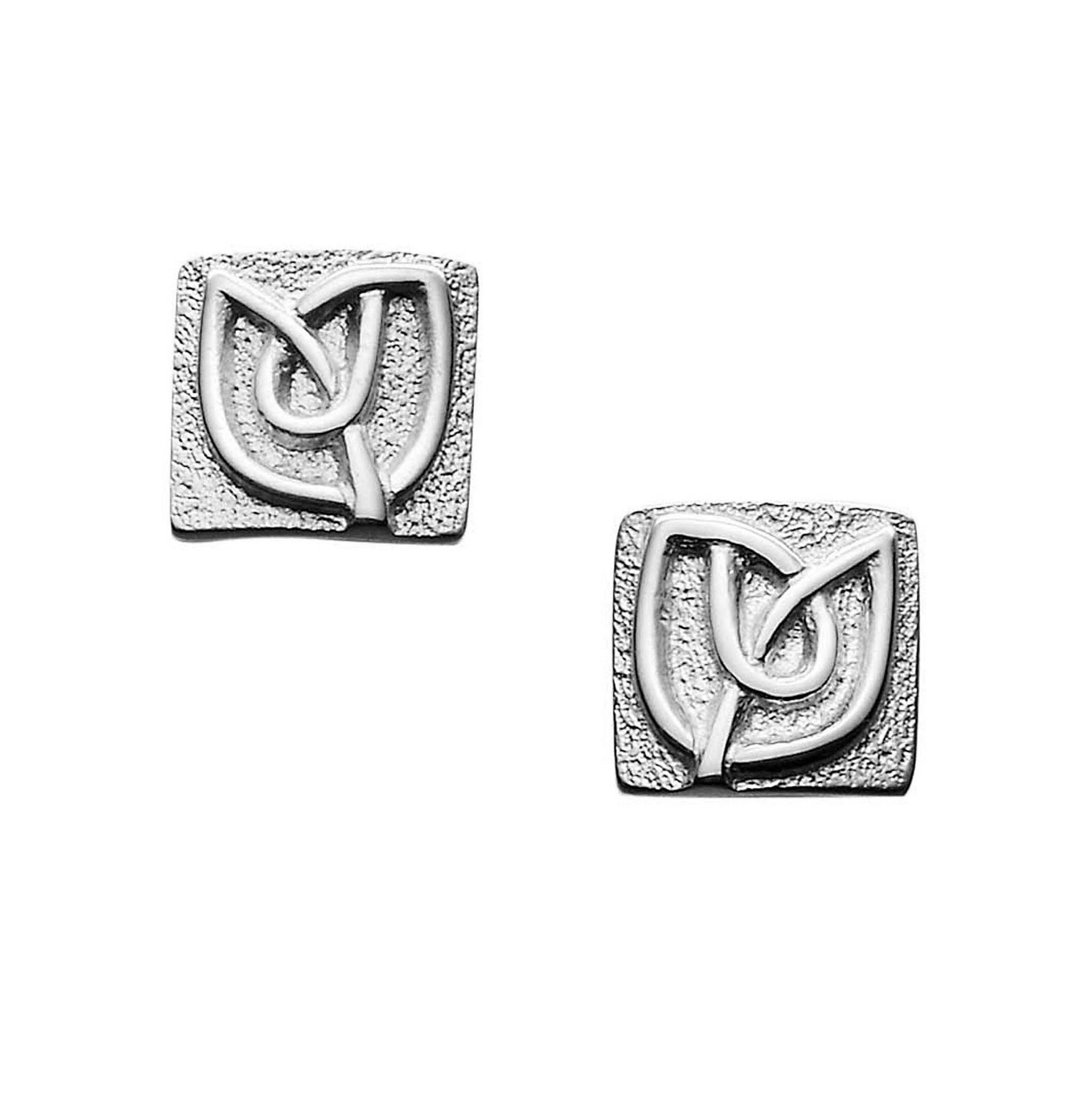 A pair of smaller square silver stud earrings with a knot design from the Aikerness Collection