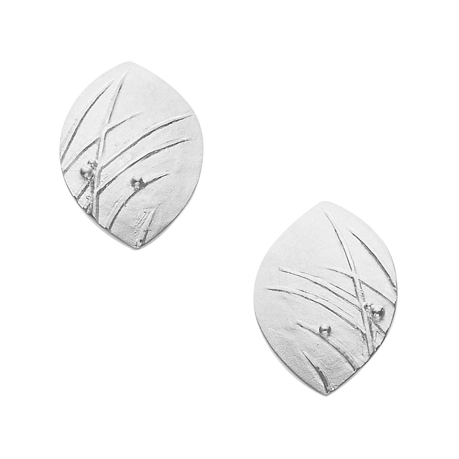 A pair of oval silver stud earrings with a grass design from the Mistral Collection