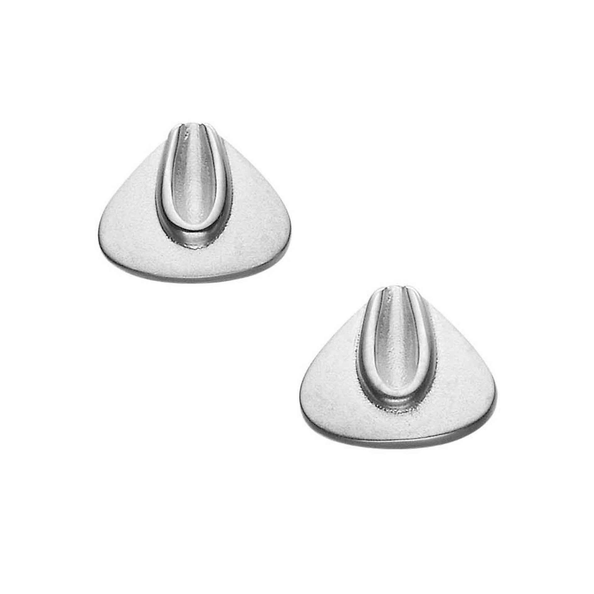 A pair of small triangular silver stud earrings with a center groove