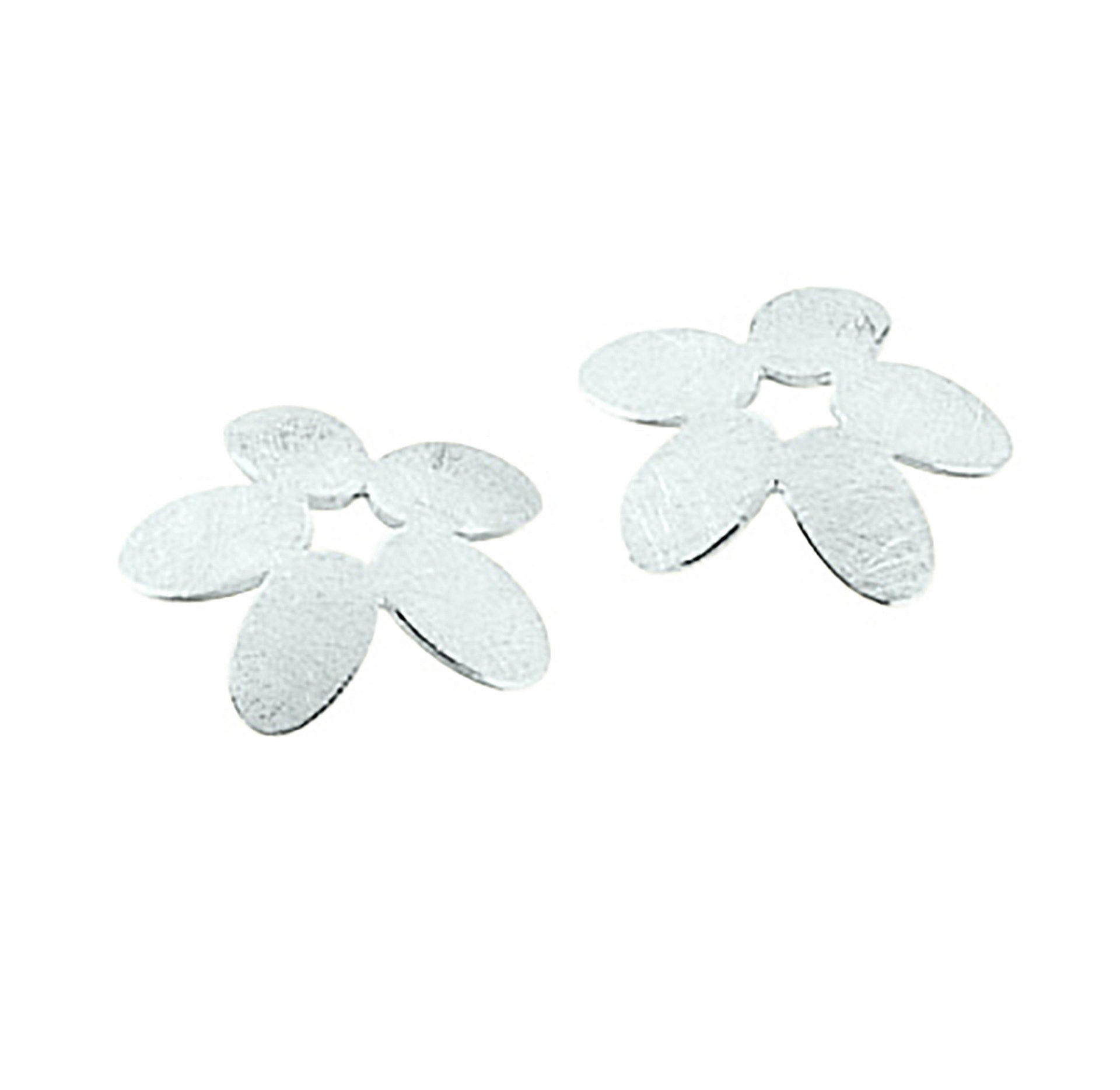 A pair of silver stud earrings with a flower design from the Petal Fall Collection