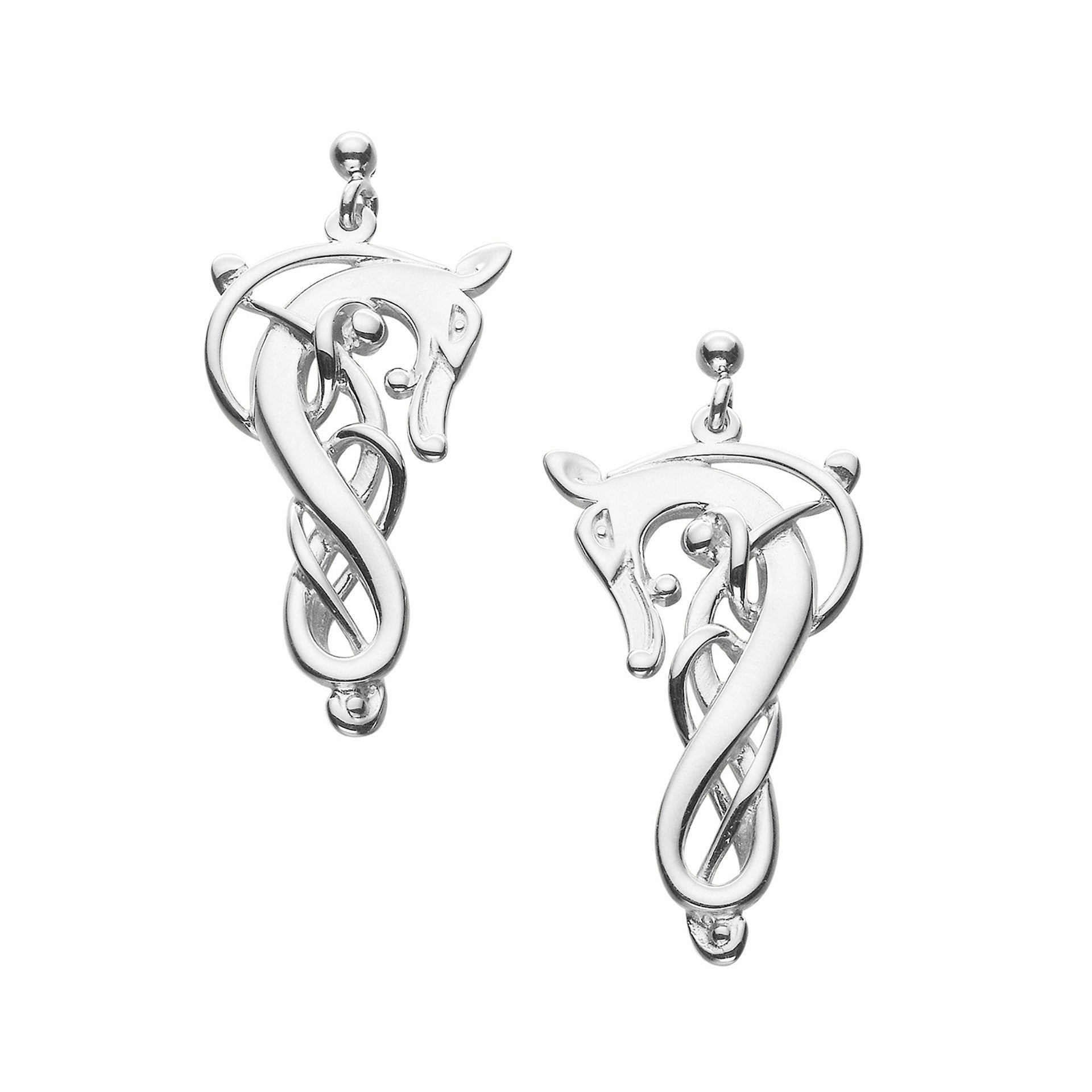 A pair of silver drop earrings with a creature design from the Finnish Beast collection