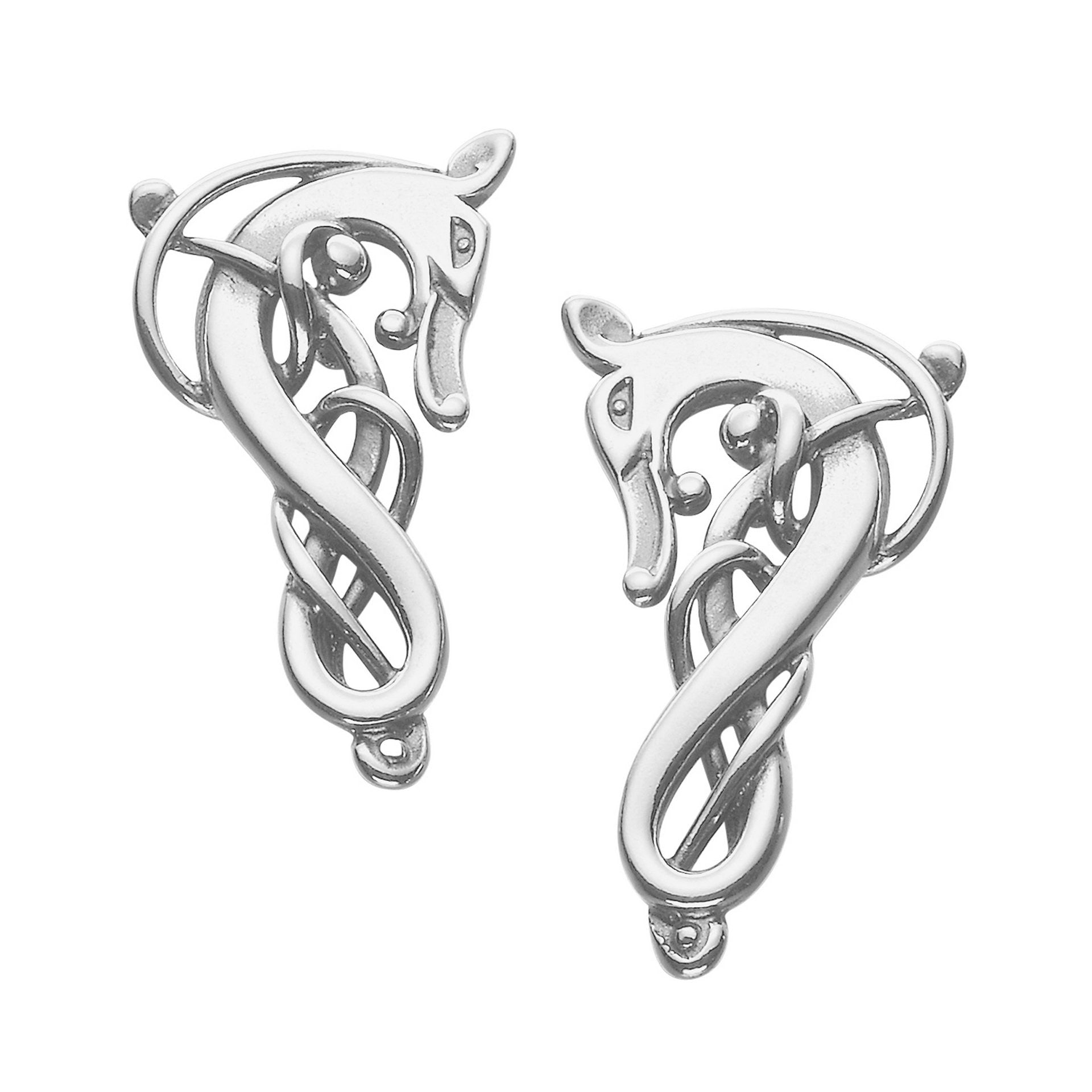 A pair of silver drop earrings with a creature design from the Finnish Beast collection