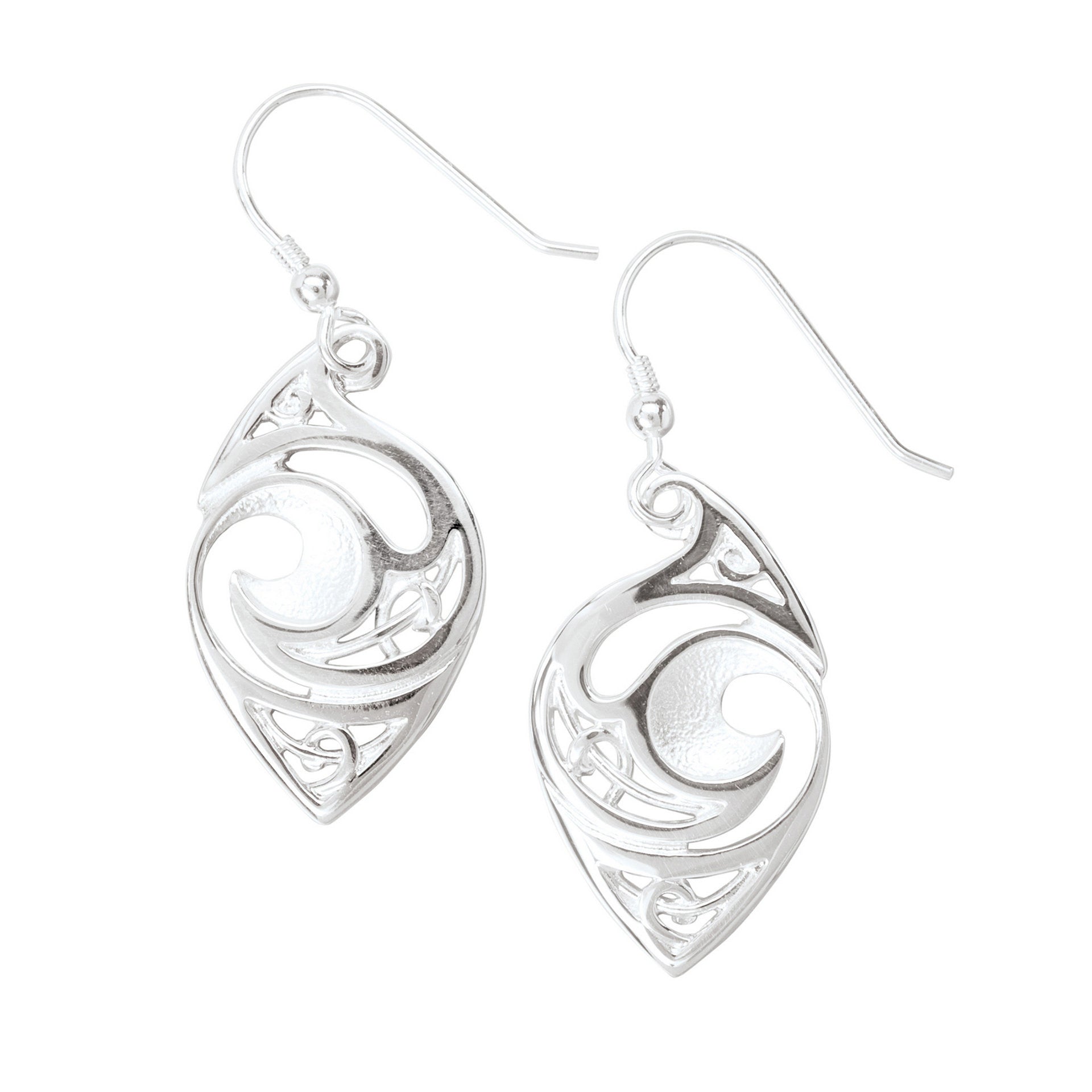 A pair of silver hook earrings with intricate cut-out patterns from the Evie Collection