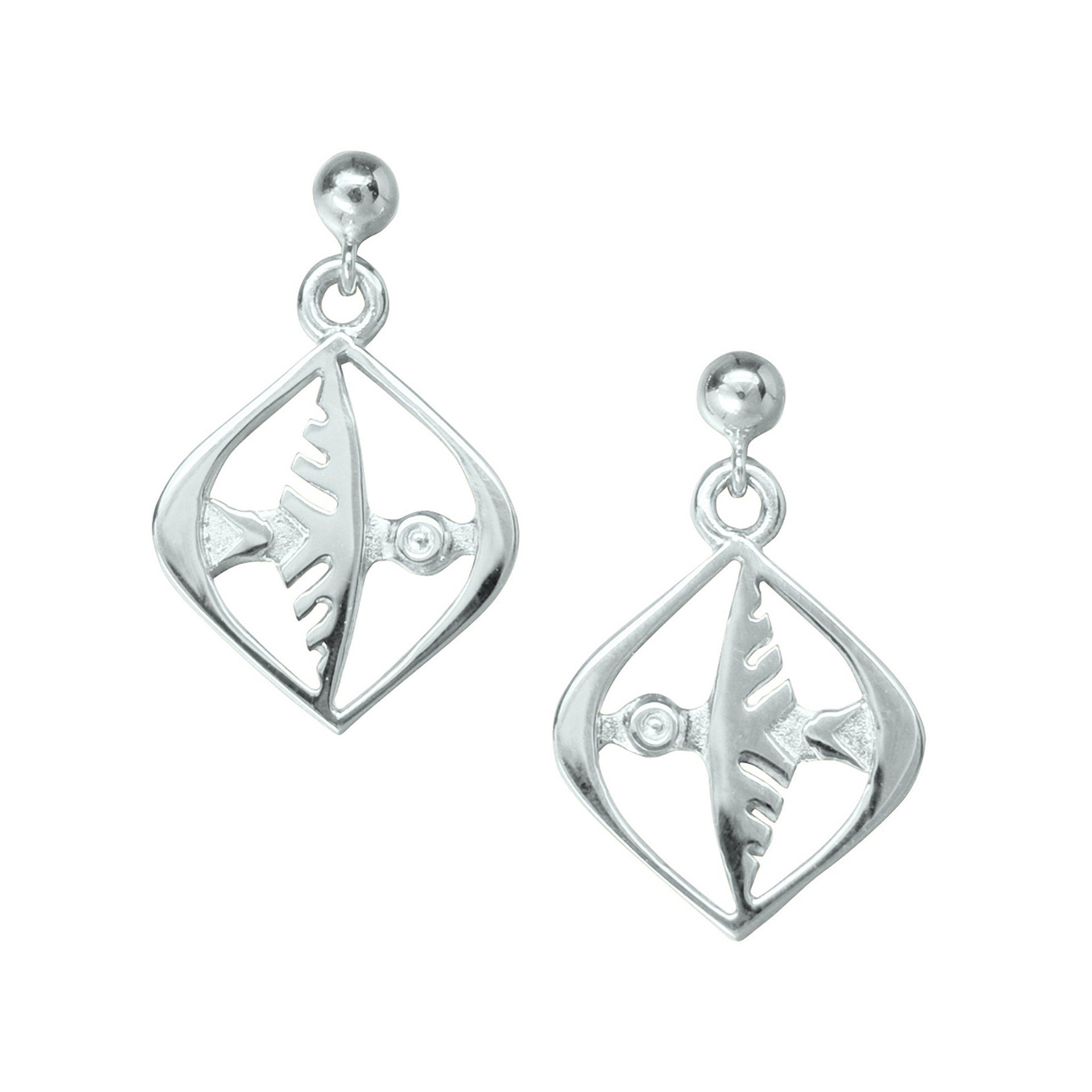 A pair of silver drop earrings with a flying bird design from the Odin's Bird Collection