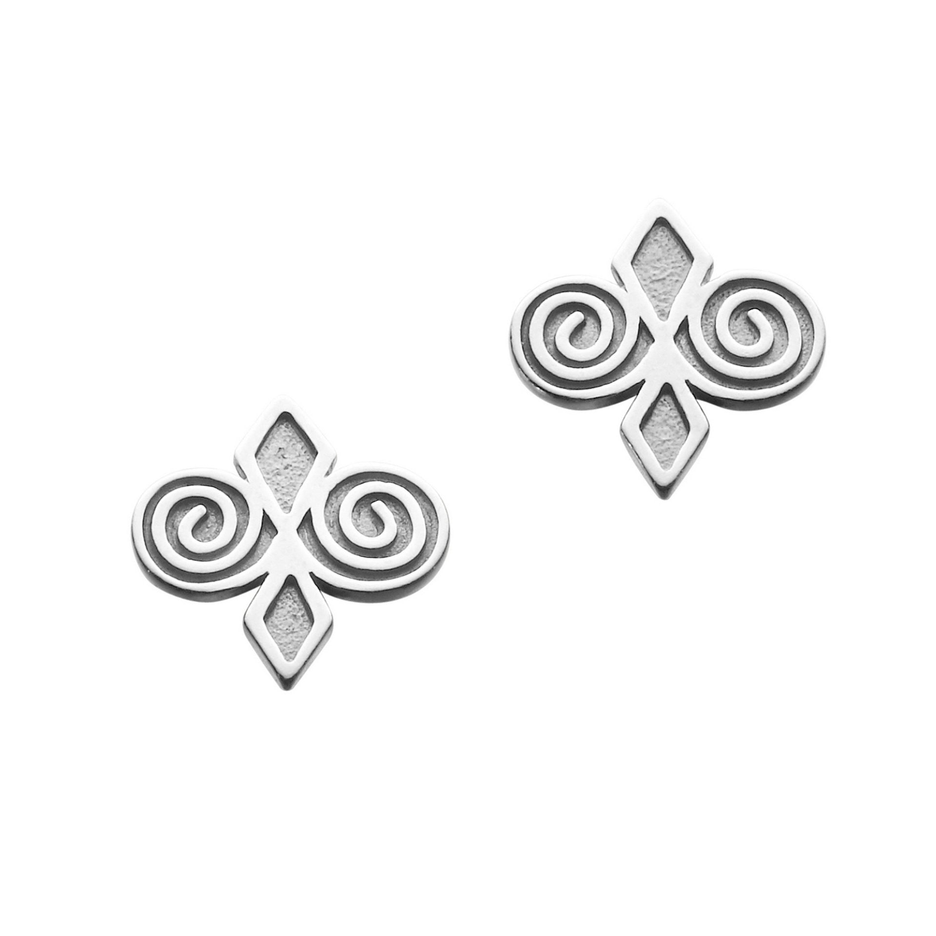 A pair of silver earrings with a diamond and spiral design on a white background.
