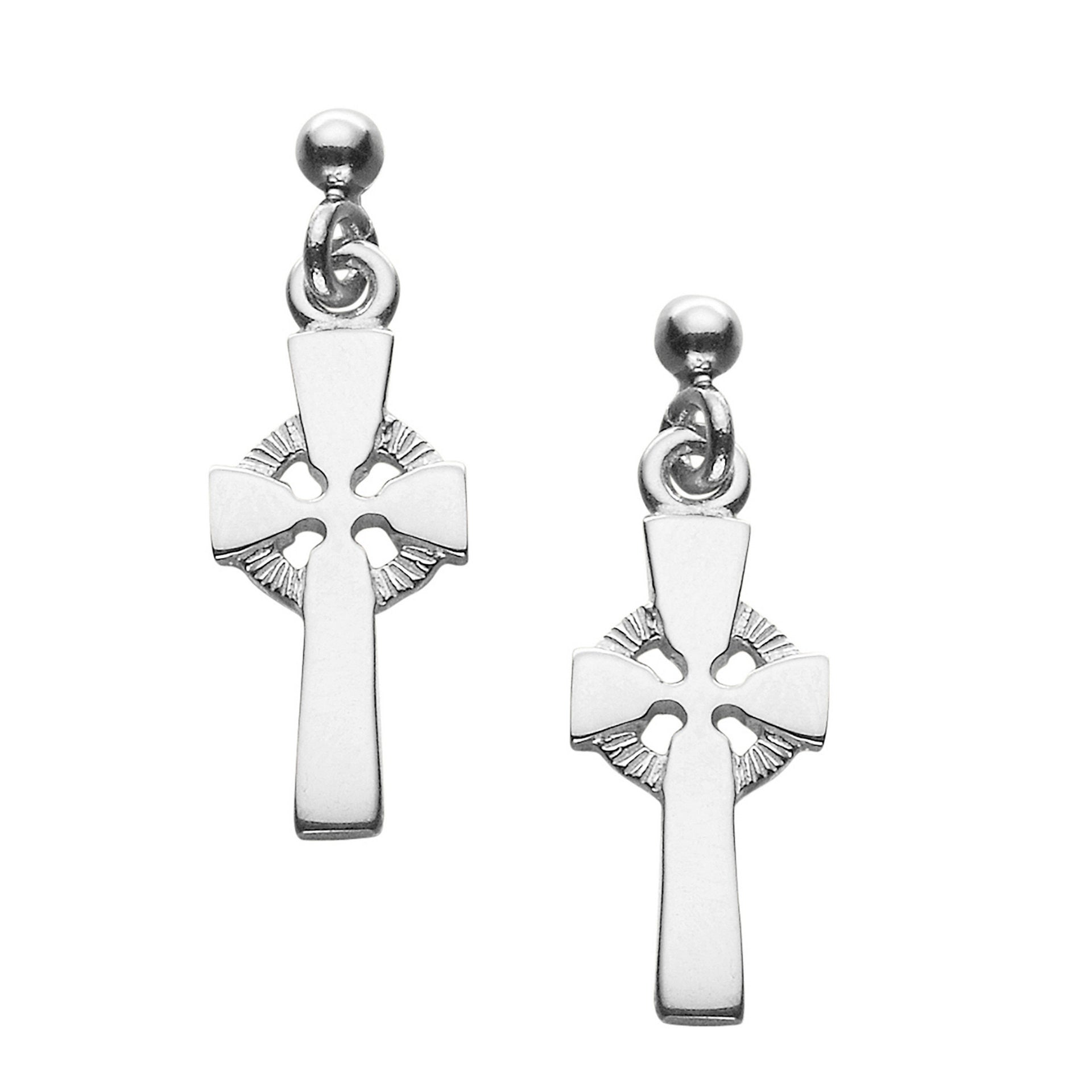 A pair of silver drop earrings with a Celtic cross design