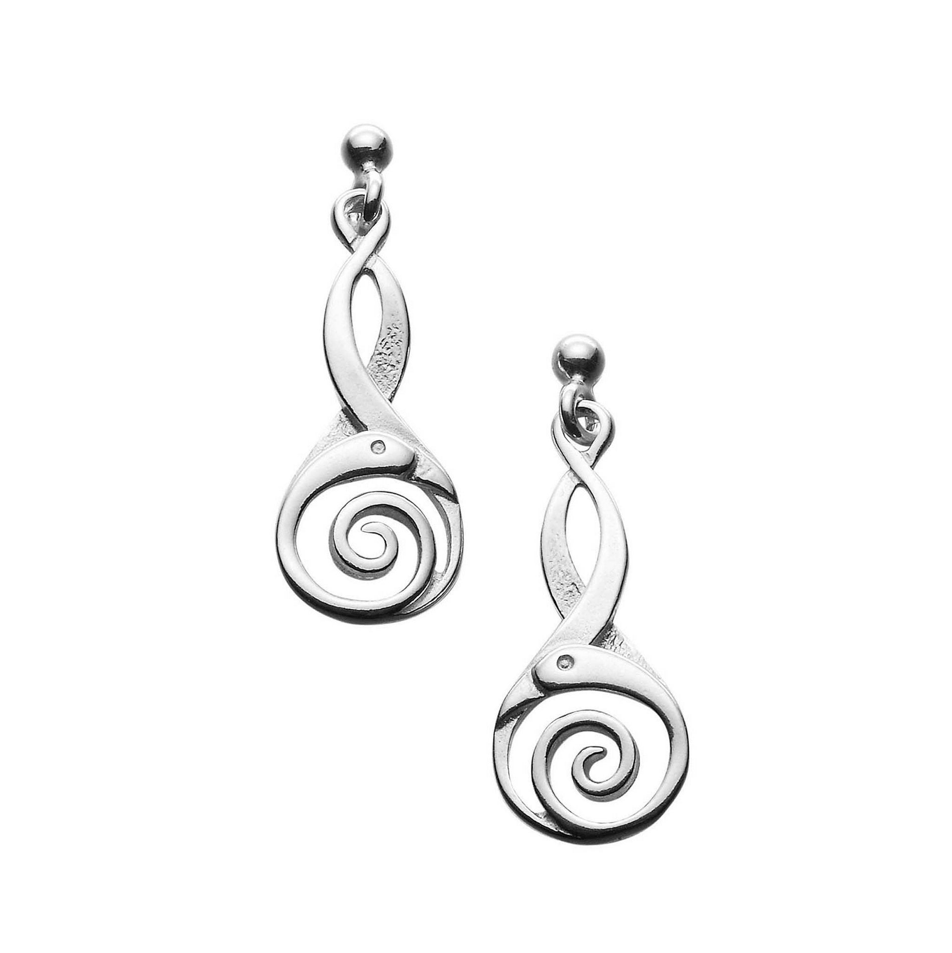 A pair of silver drop earrings from the Kells Bird Collection.