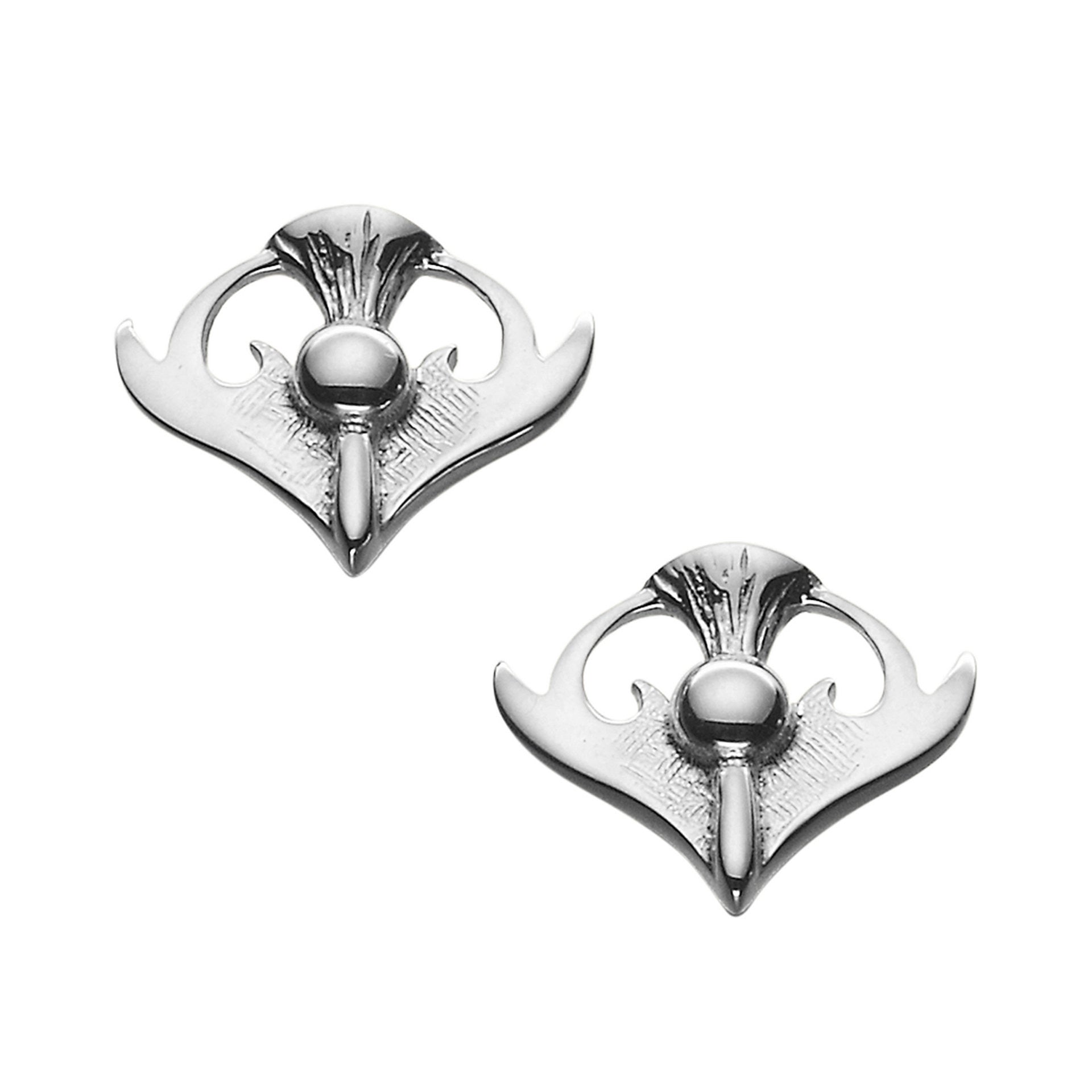 A pair of silver stud earrings with a thistle design