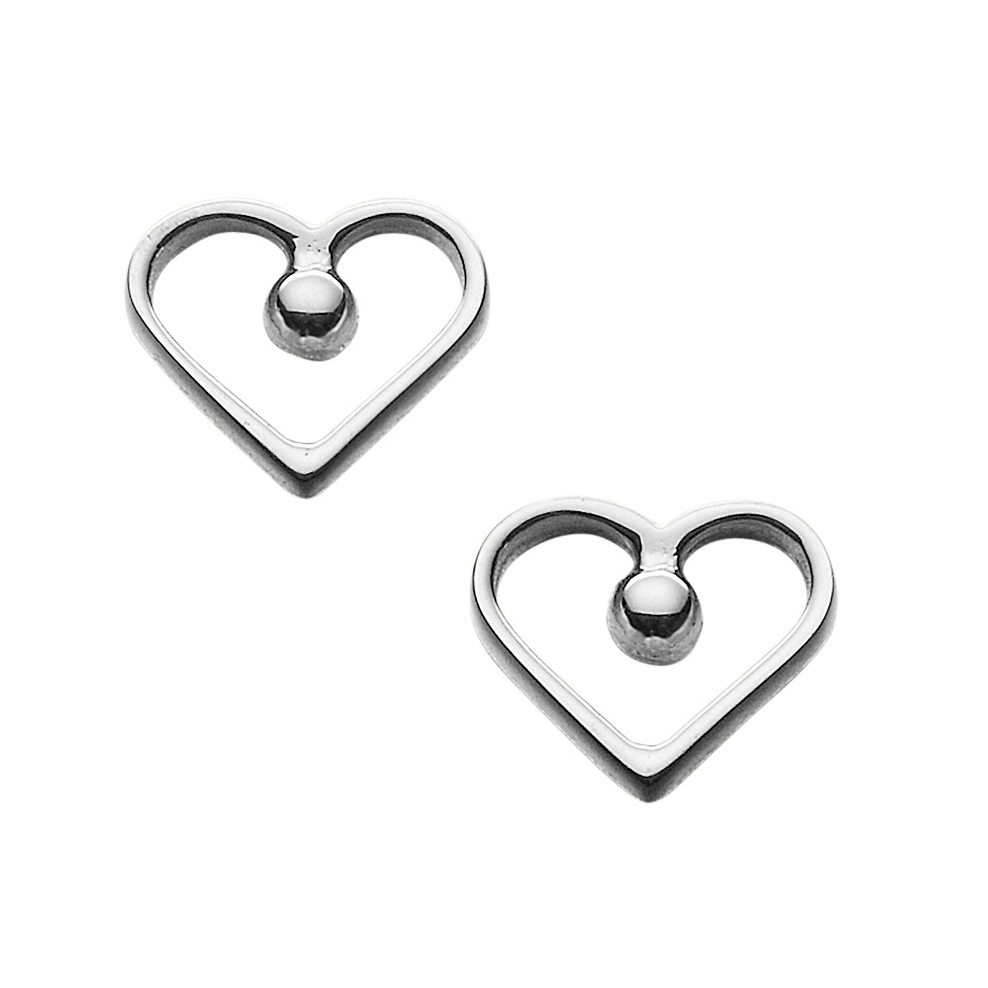 A pair of silver stud earrings with a heart shaped design