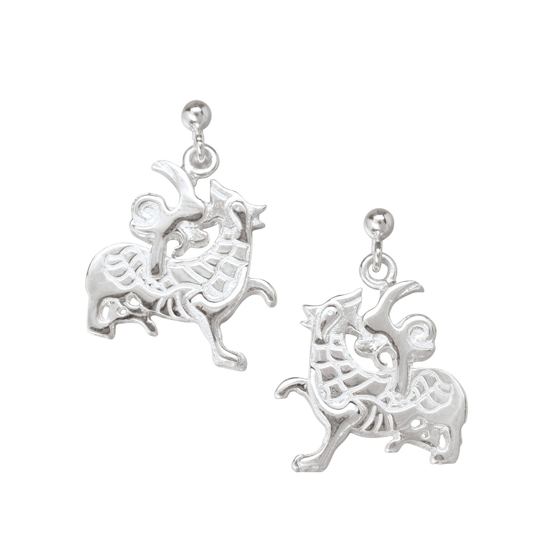 A pair of silver drop earrings with a Norse dragon triangle design from the Maes Howe Dragon Collection