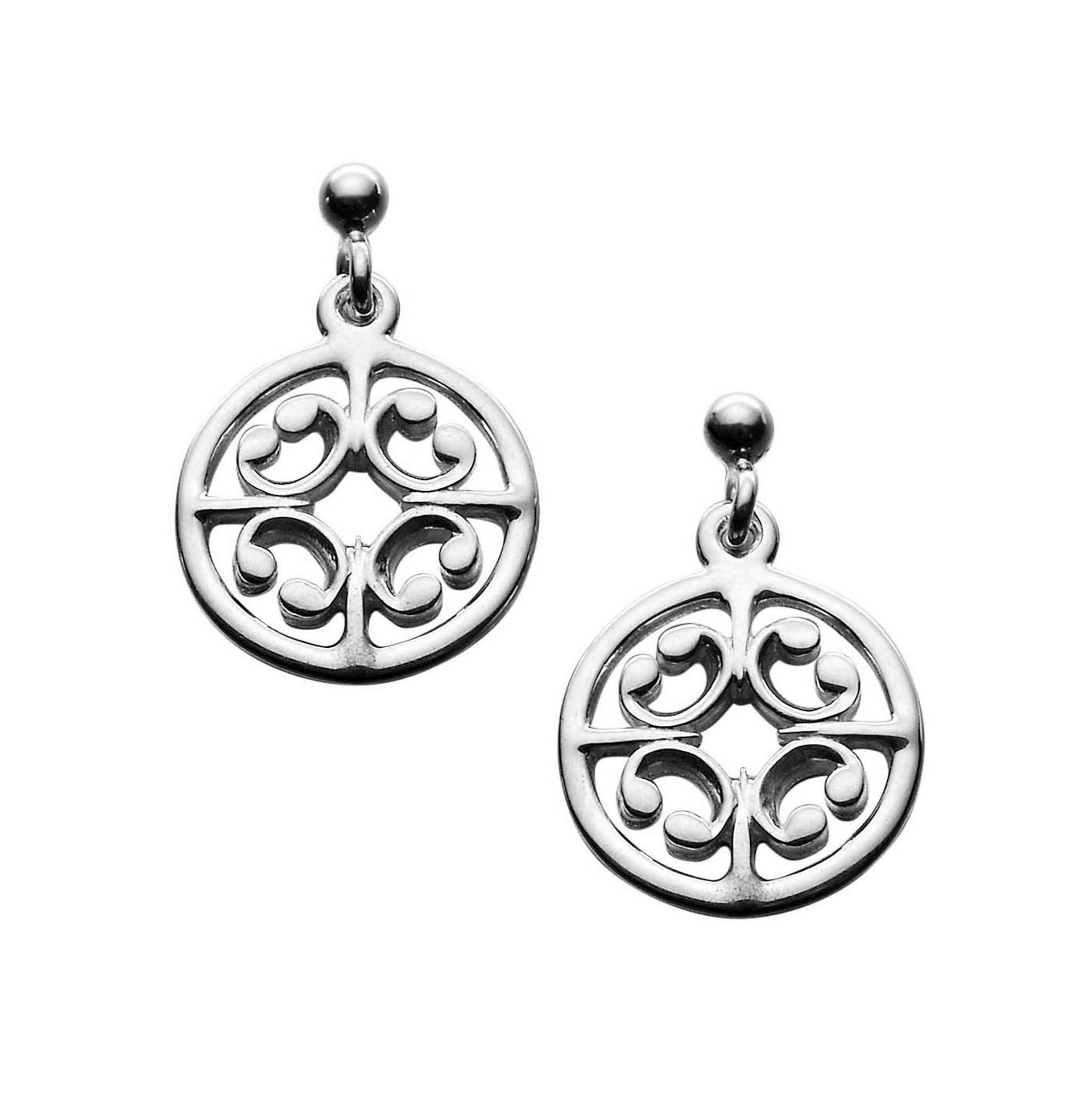 A pair of silver drop earrings with a design inspired from the cathedral from the St Magnus Collection