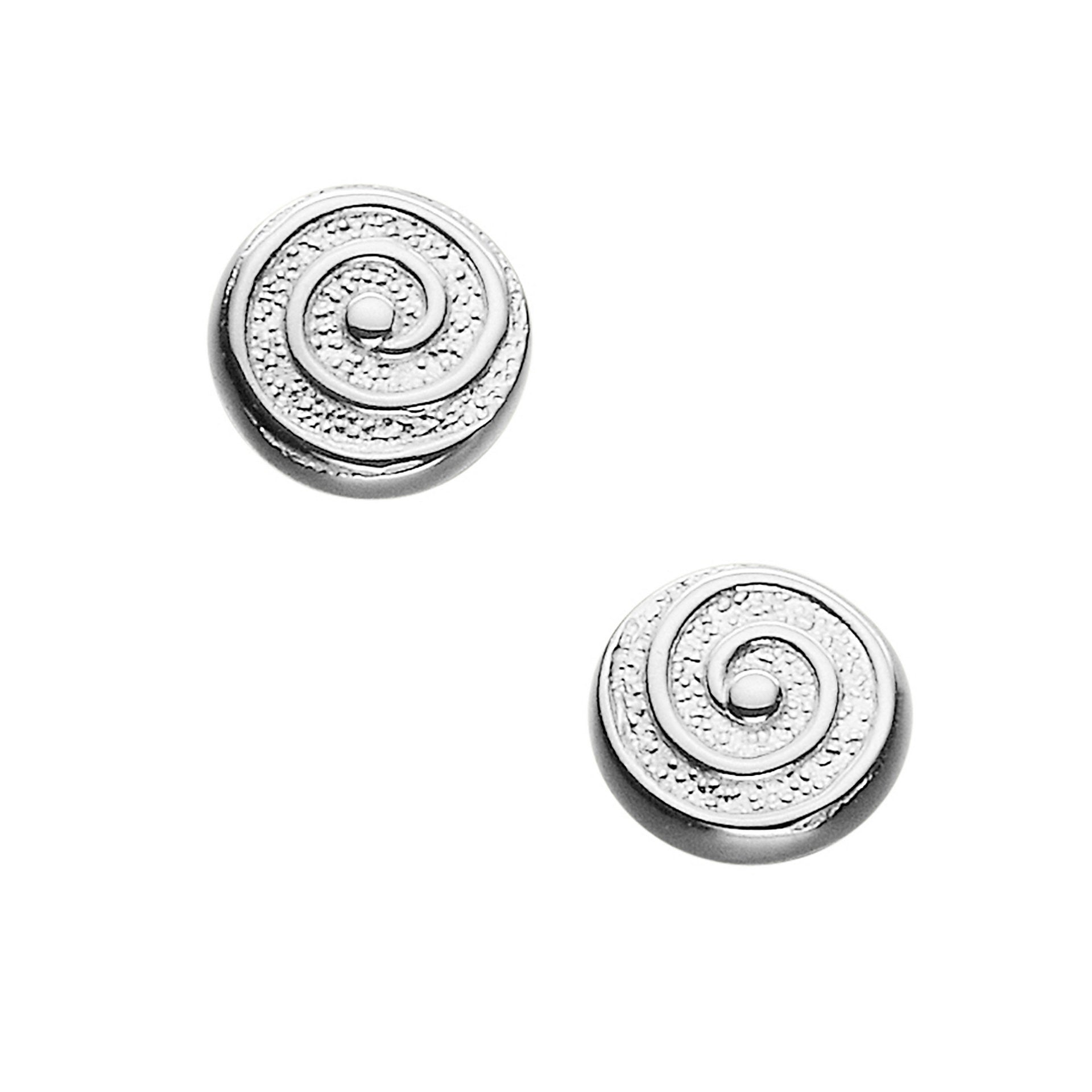 A pair of silver stud earrings with a spiral design 