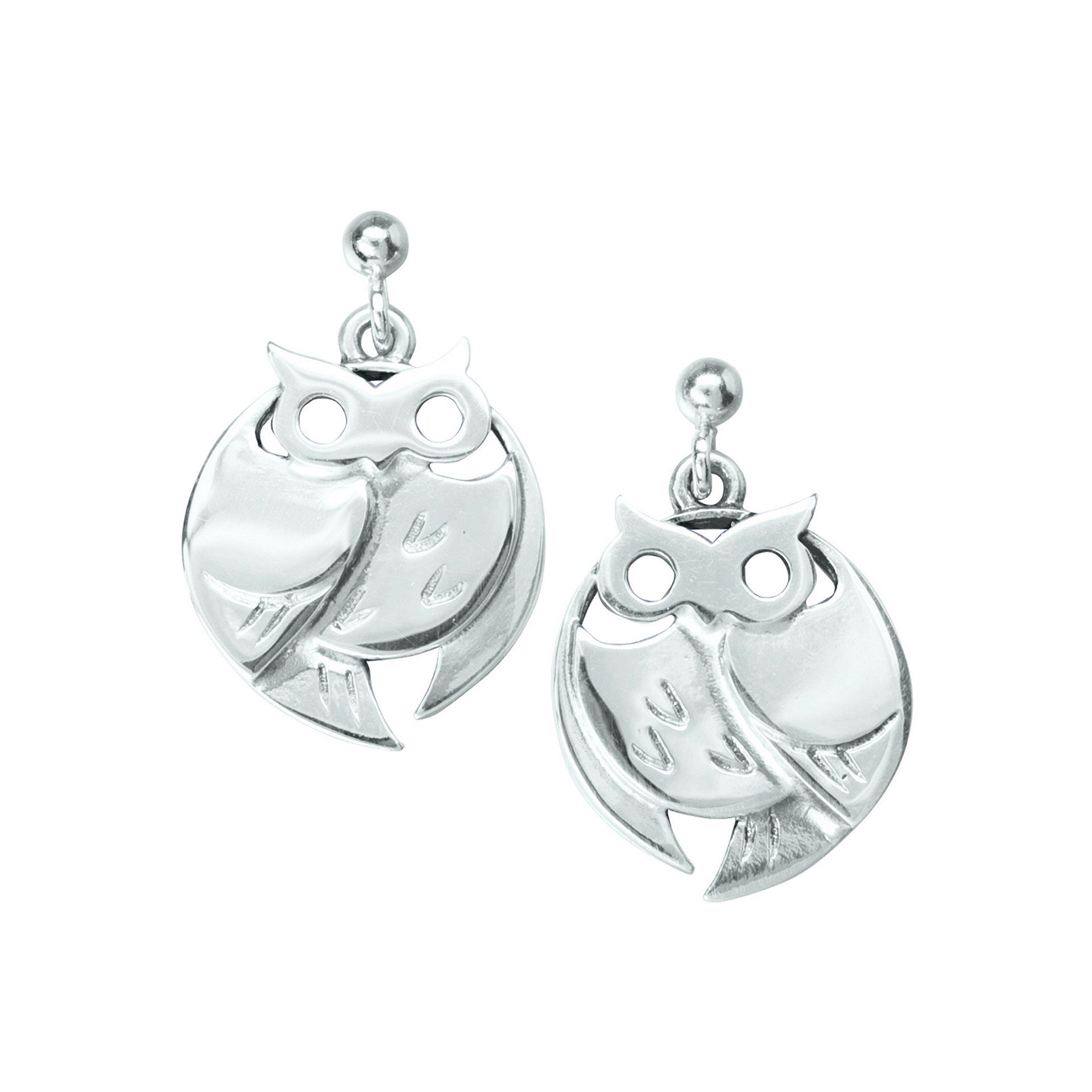 A pair of silver drop earrings with a modern design, part of the Barn Owl Collection.