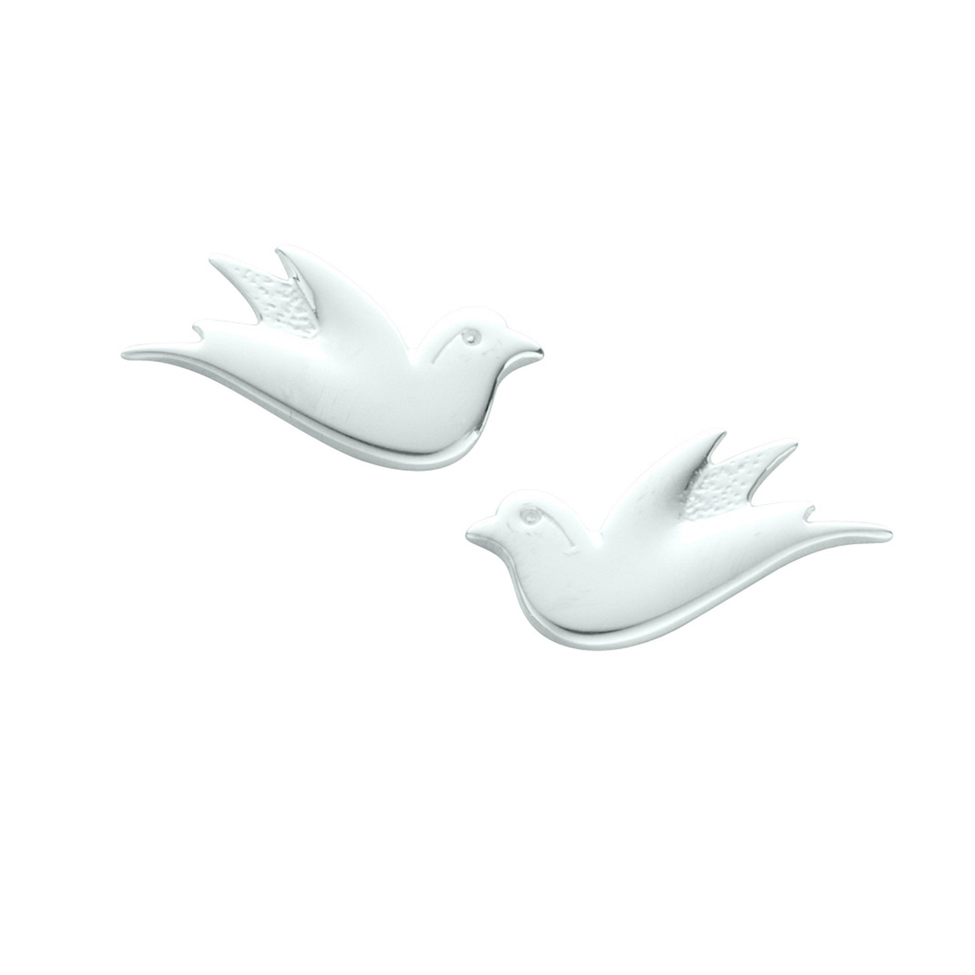 A pair of silver stud earrings in the shape of a bird from the Birdland Collection